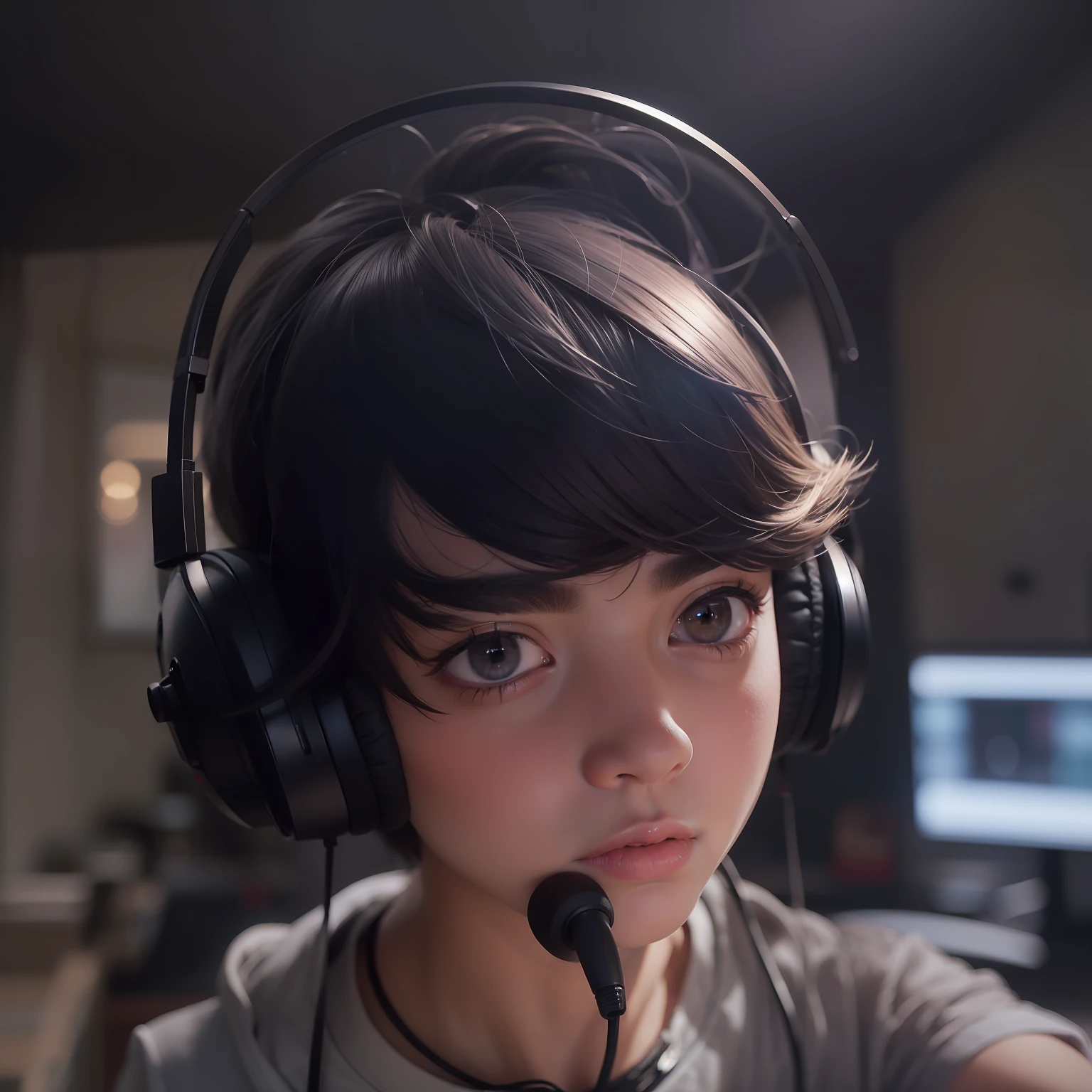 A boy with, short detailed hair, Thick eyebrows, Smart eyes, black hair, ahoge, headphones, cinematic lighting, Surrealism, UHD, masterpiece, textured skin, super detail, high details, highres, 4K
