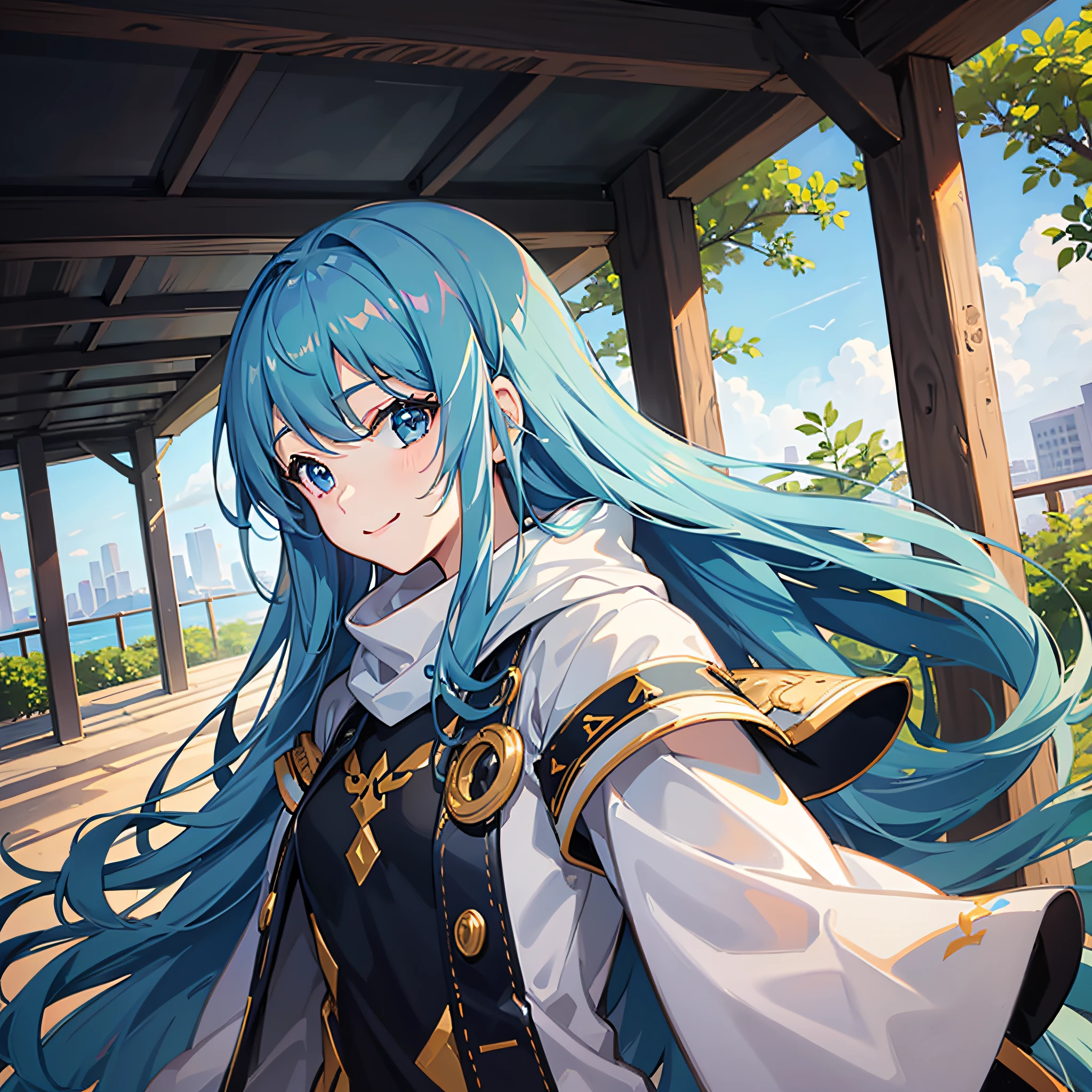 Girl with open arms、strong breeze、yuki、Thick coat、a smile、long blue hair、kirakira、intergalactic、looking at the viewers、Watching from the side、
