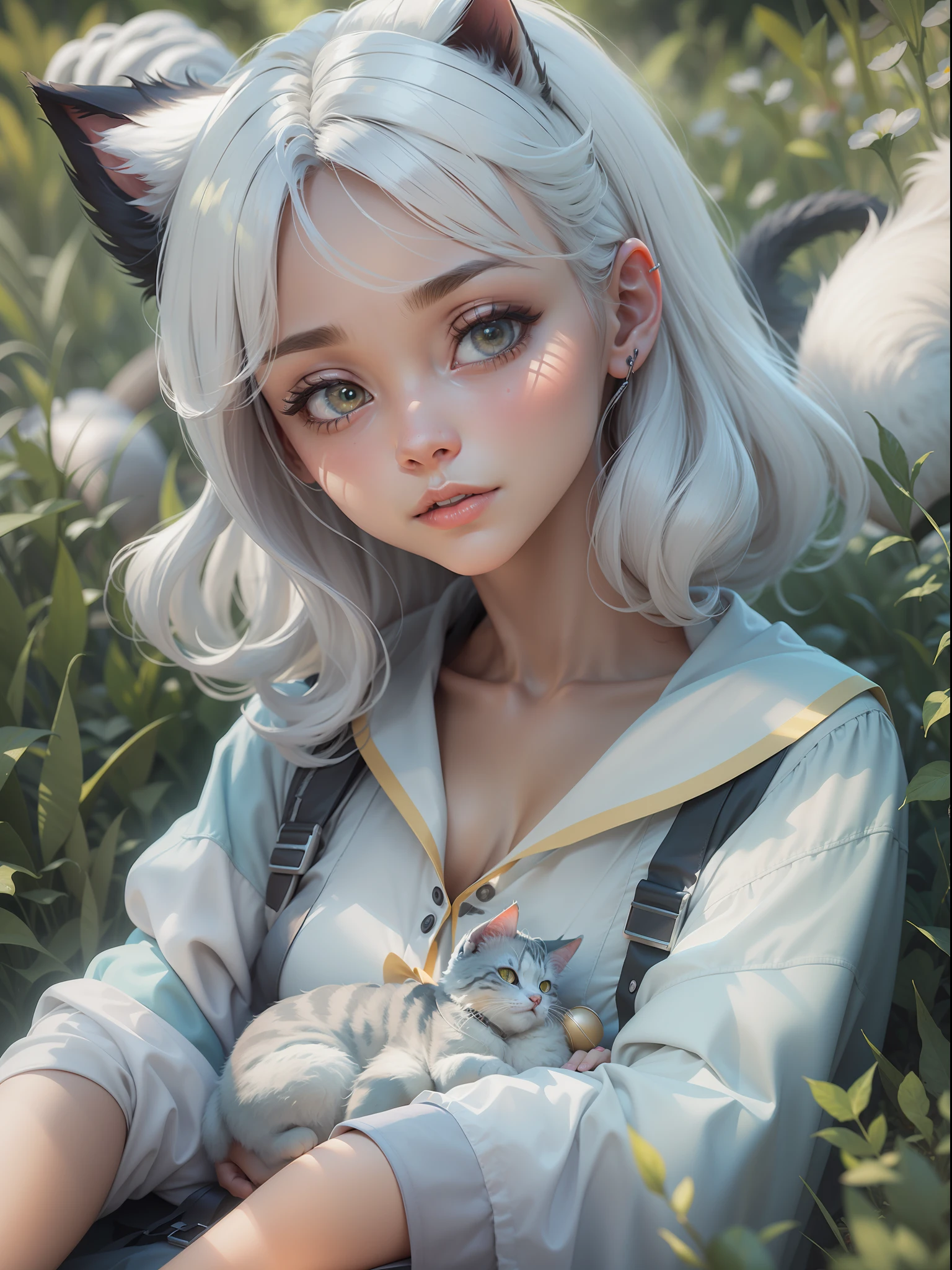 (Best picture quality), (Masterpiece), (Detail :1.4), 3D, image of an anime girl with white hair and cat ears sitting on the grass, HDR(High Dynamic Range), Ray Tracing, NVIDIA RTX, Super Resolution, Unreal 5,Subsurface Scattering, PBR Texture, Post-processing, Anisotropic Filtering, Depth of Field, maximum sharpness and sharpness, Multilayer textures, albedo and Highlight mapping, Surface shading, accurate simulation of light-material interactions, Perfect Proportions, Octane rendering, two-color Lighting, Wide aperture, Low ISO, white Balance, Rule of Thirds, 8K RAW,Masterpiece, Best Quality, (8k very detailed CG unit wallpaper)(Best quality), (best illustration), (Best shading)