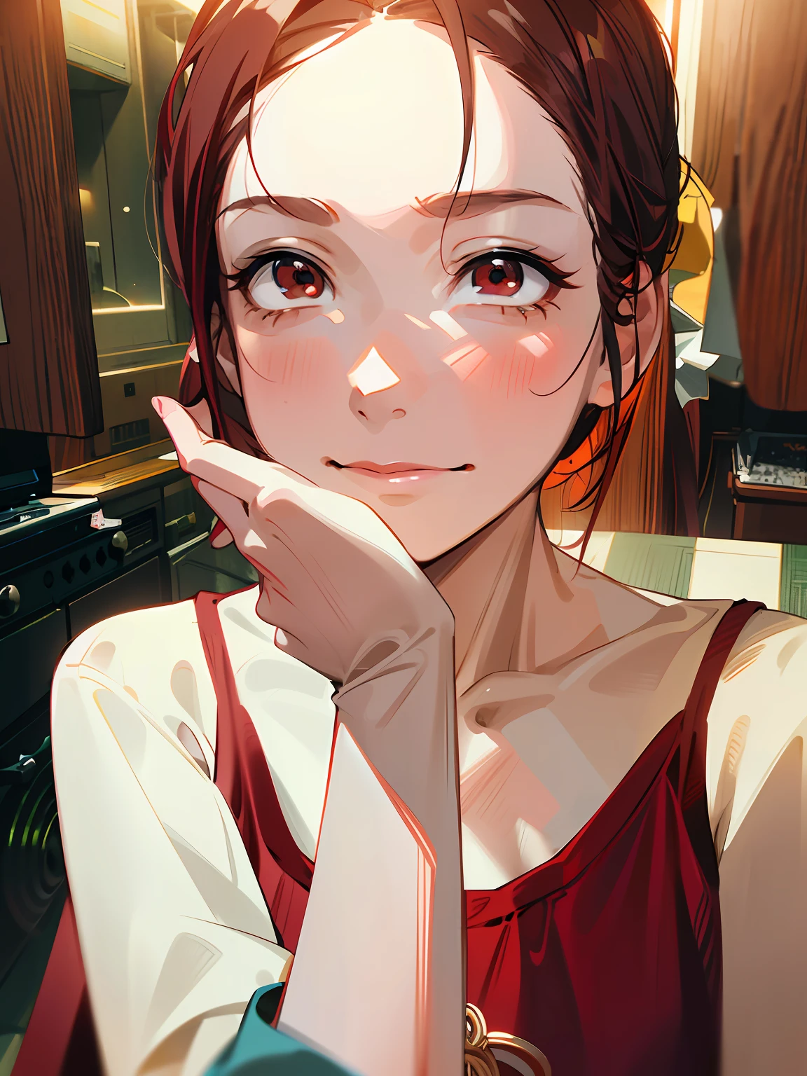 there is a woman that is posing for a picture in a kitchen, 2 7 years old, 2 8 years old, nomake-up, red eyes and a slim face, soft eyes and narrow chin, young lovely Korean faces, 2 9 years old, xintong chen, (38 years old), 18 years old, with cute - fine - face