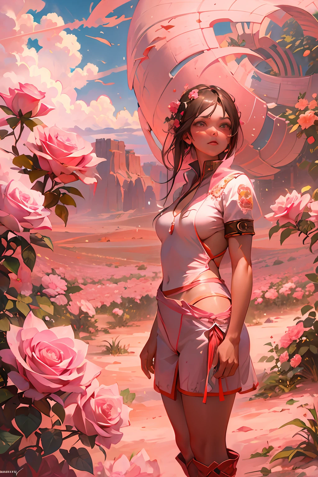 Summer, desert, pink clouds, a land overgrown with roses stands beautiful girl, James Gurney, art station rendered, ultra-wide lens, high definition