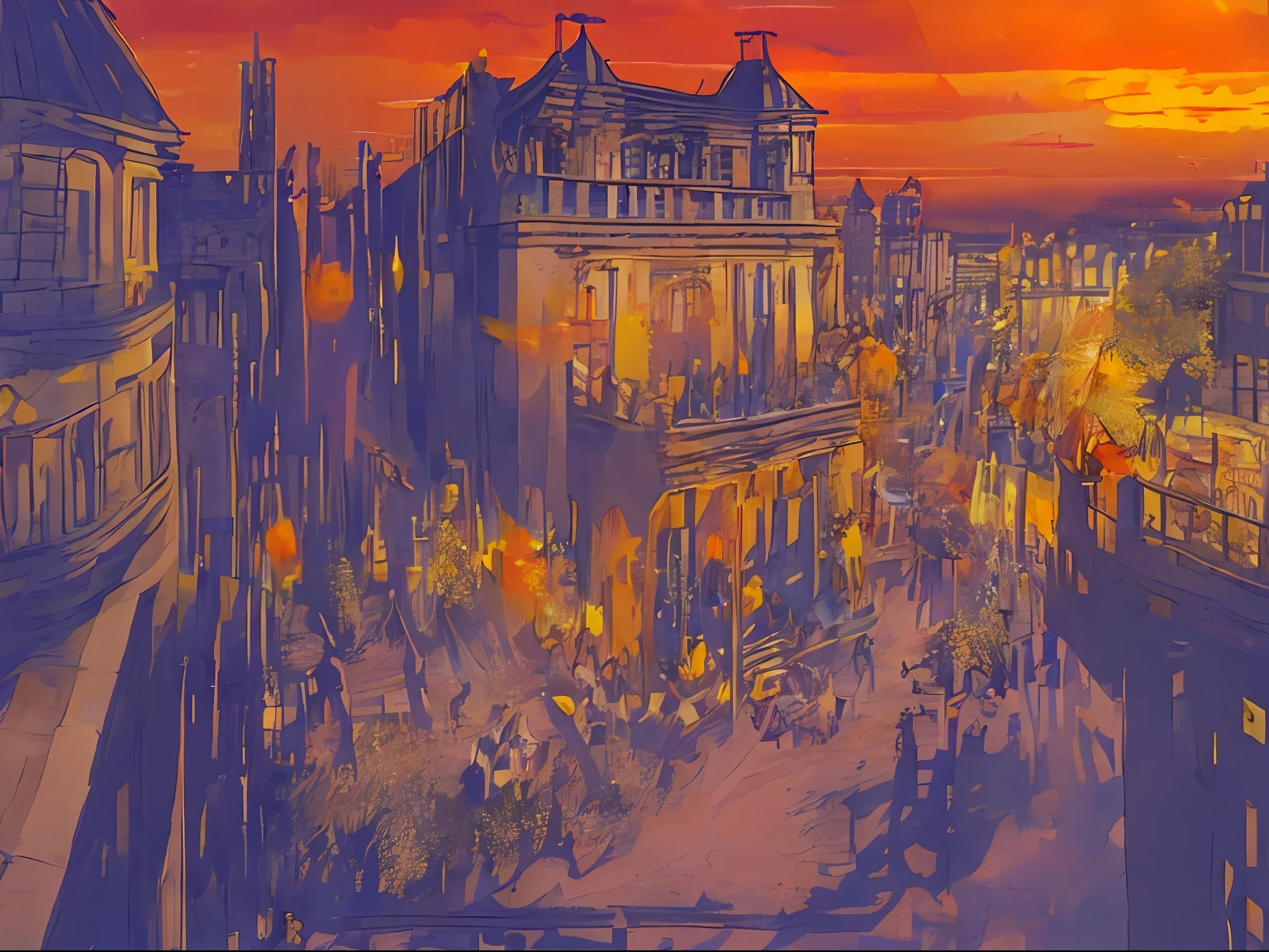 ((tmasterpiece)), (8K, High_resolution),(beste-Qualit), The Old Town, alley, European Houses, autumn, style of Kyoani Haruhi, very extremely beautiful, rivers, Bridge over the river, Old Petersburg, Old houses of St. Petersburg. Petersburg. Petersburg, Sundown, A sky of impossible colors, Purple, Yellow, red sky