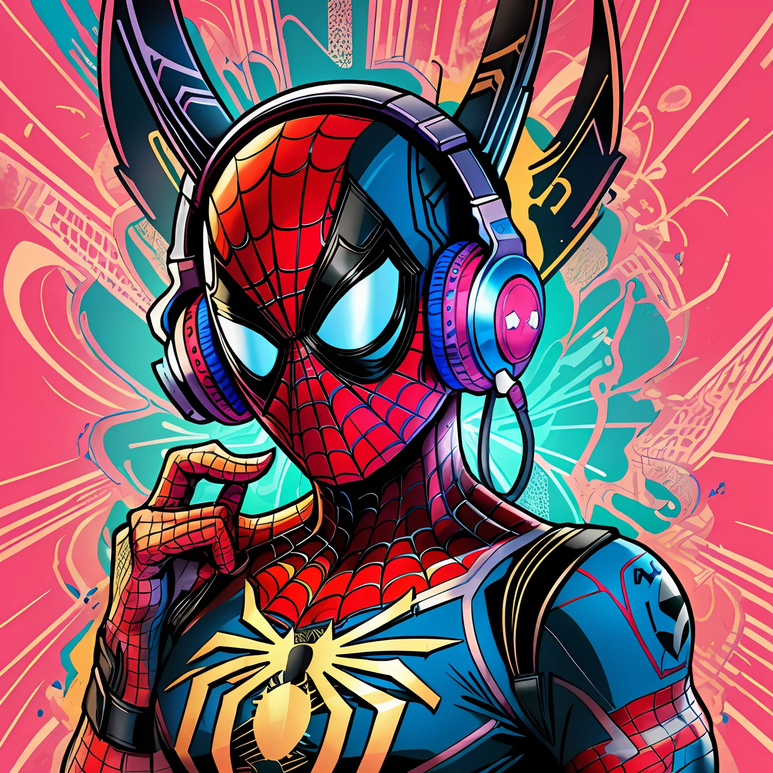 centered, isometric, vector t-shirt art ready to print highly detailed colourful graffiti illustration of Spiderman, wearing headphones with bitcoin logo, face is covered by highly detailed damaged spiderman mask, vibrant color, high detail, 8k  --ar 2:3 --s 1000 --q 2 --style raw --v 5.1