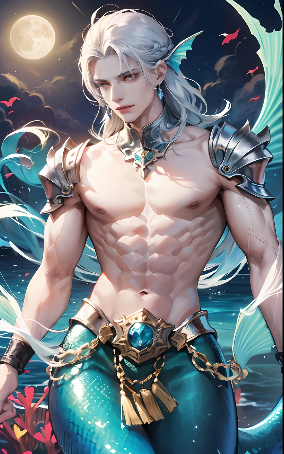 man, masculine, masculine face, attractive, muscular, (((1man))), masterpiece, absurdres, best quality ,intricate details , (shiny skin, shiny body, shiny oily luster skin, shiny hair, pale skintone), Sundown, attractive, ((muscular)), adult, one, earrings, Don't look at the view , Not looking at the view, silver hair, braided hair, perfect detailed face, perfect detailed hands, triton, fins, red eyes, triton ears, ((portait)), smirk, marine sea ornaments, open chest, ((mermaid tail)), no legs, under the sea, fishes, masculine features, masculine face, (((night))), moonlight, darkness, dark light