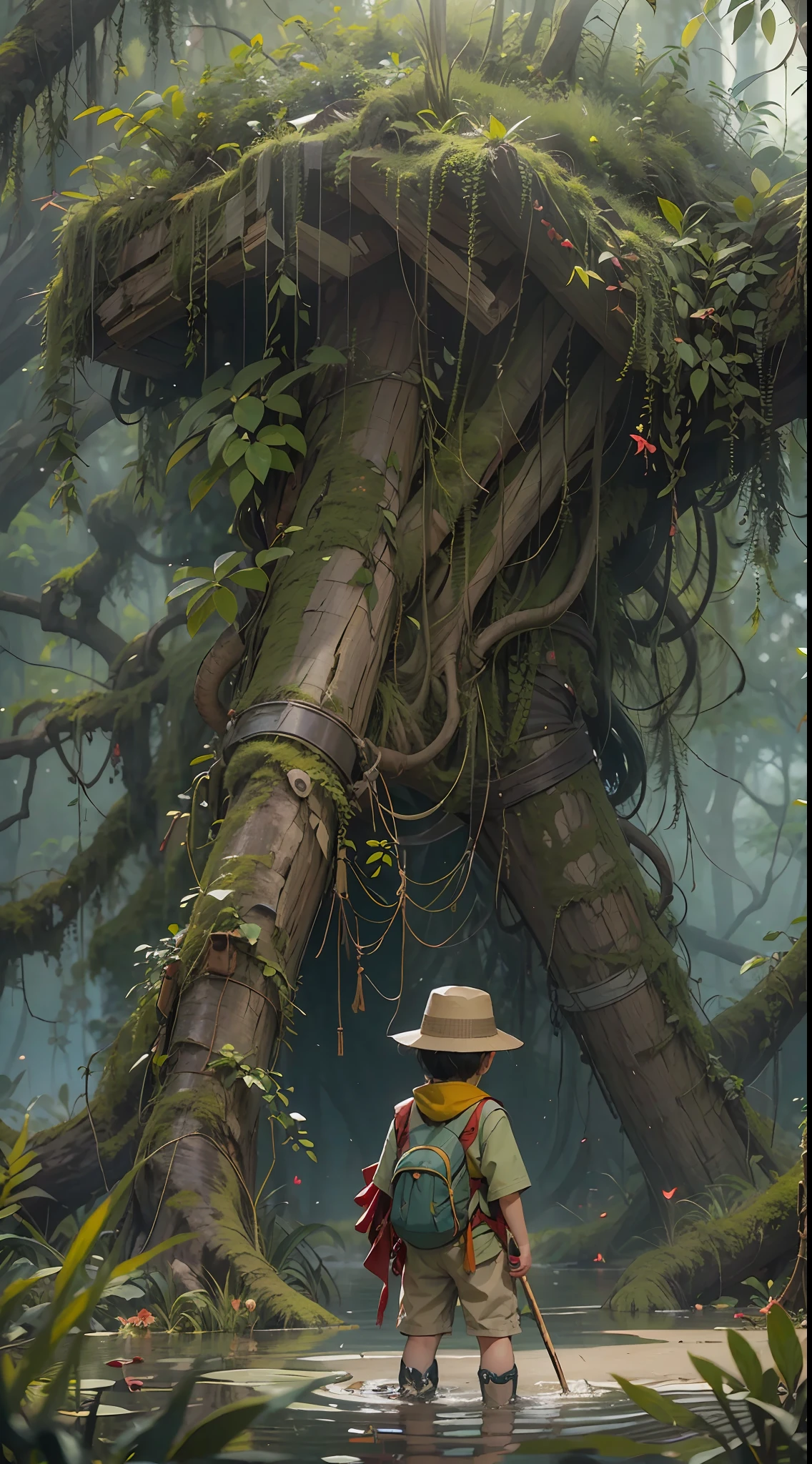 Dense jungle,Rough and damp trees,Huge thick vine,weeds,water puddles,marshes,((5--old enturer standing in front of a huge man-eating willow tree)),Piranha,adventurer clothing,brutal,bloodthirsty,attacking,bloods,heavy bleeding,super-fine,Works of masters,high qulity,8K分辨率,depth of fields,电影灯光,Epic shooting