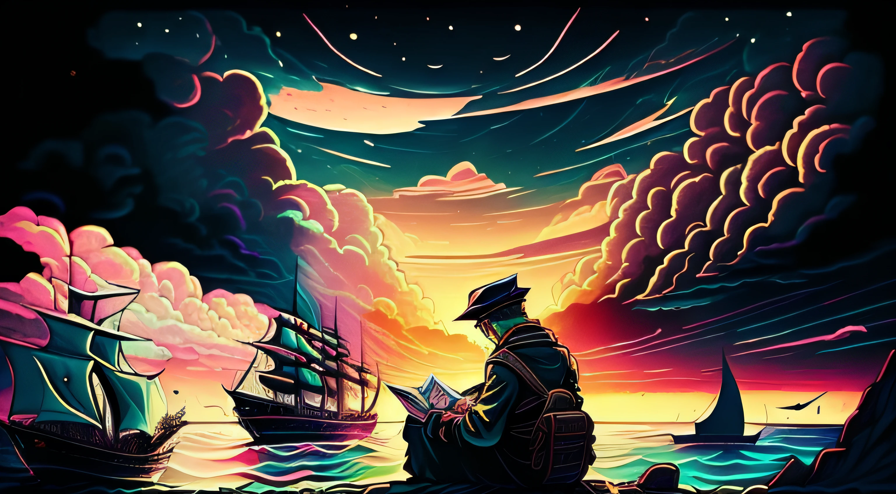 "A thoughtful, wise man, jotting down thoughts on his weathered diary amidst a backdrop of majestic ships sailing in the distant horizon."