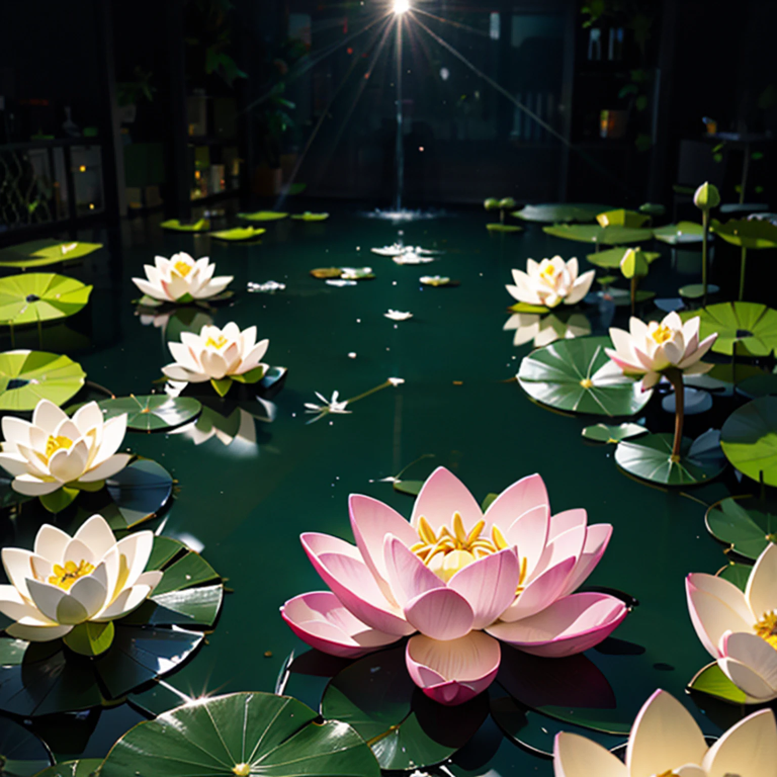 lotuses，lotus flower,willowy，8K，best qualtiy，tmasterpiece：1.2），realisticlying，（realisticlying：1.37），A detailed，best qualtiy，A high resolution,Photo level,Don't be characterized，Light pink flowers, hasselblatt,Photo level,negative space，Clear reflection，Most of the white space