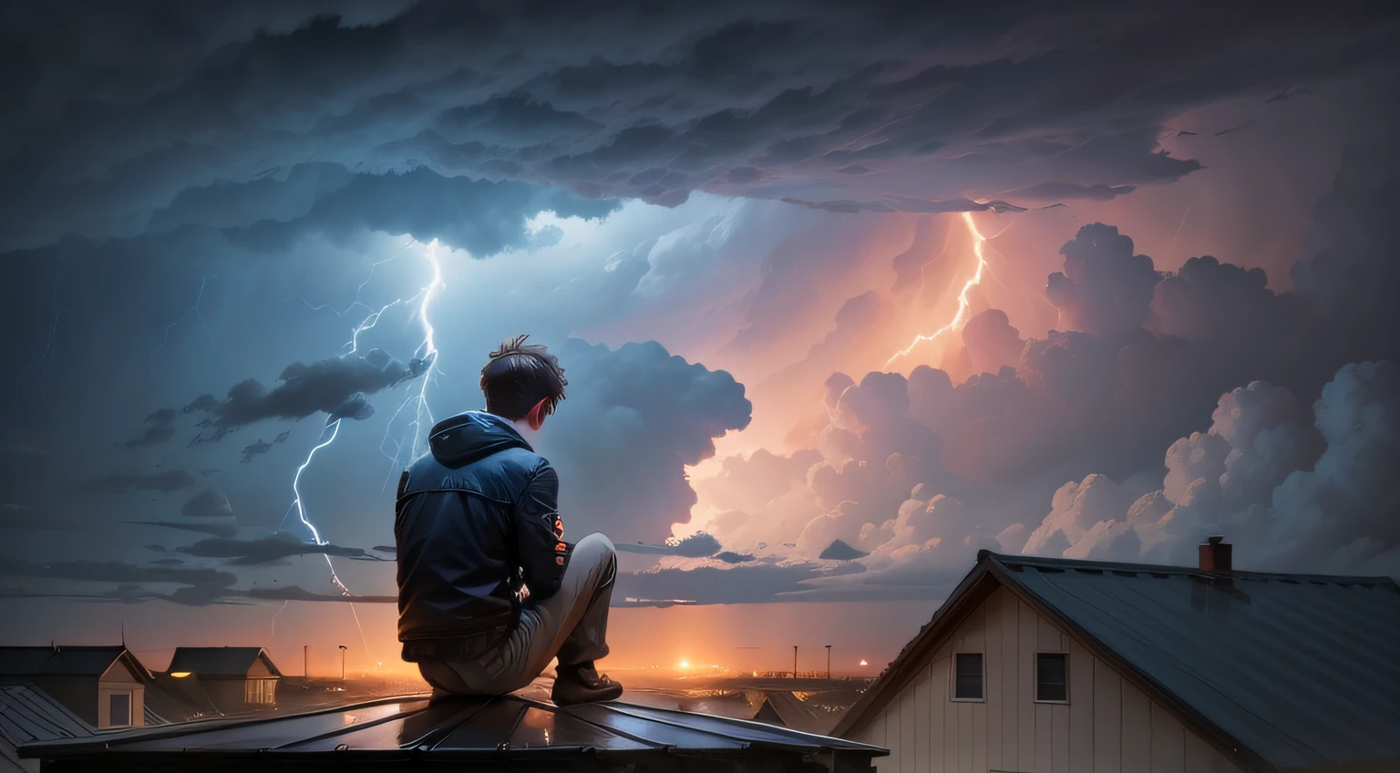 Boy sitting on the roof looking at a huge tornado with clouds and lightning