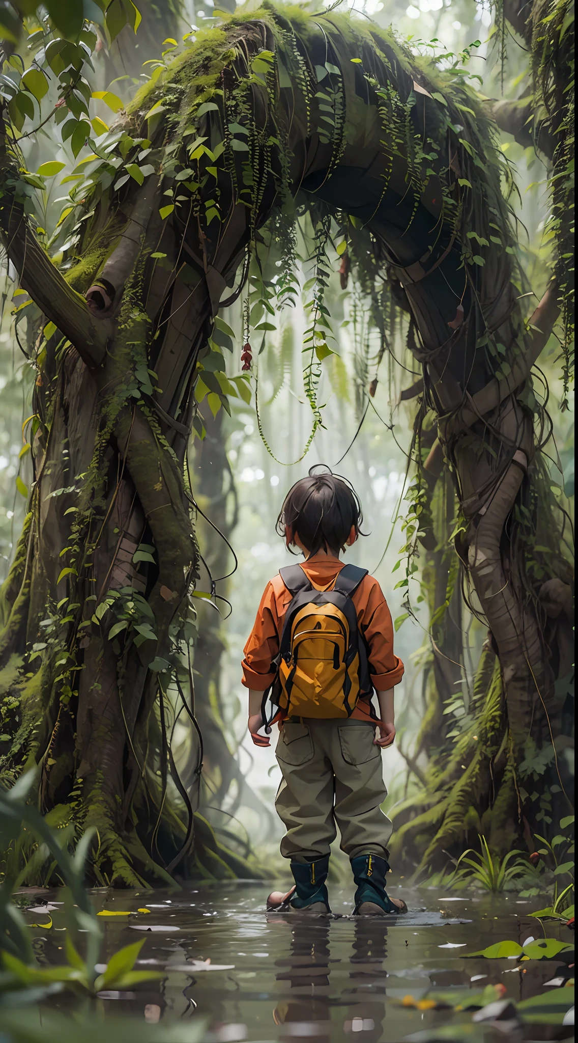 Dense jungle,Rough and damp trees,Huge thick vine,weeds,water puddles,marshes,((5-year-old child adventurer standing in front of a huge man-eating willow tree)),Piranha,adventurer clothing,brutal,bloodthirsty,attacking,bloods,heavy bleeding,super-fine,Works of masters,high qulity,8K分辨率,depth of fields,电影灯光,Epic shooting