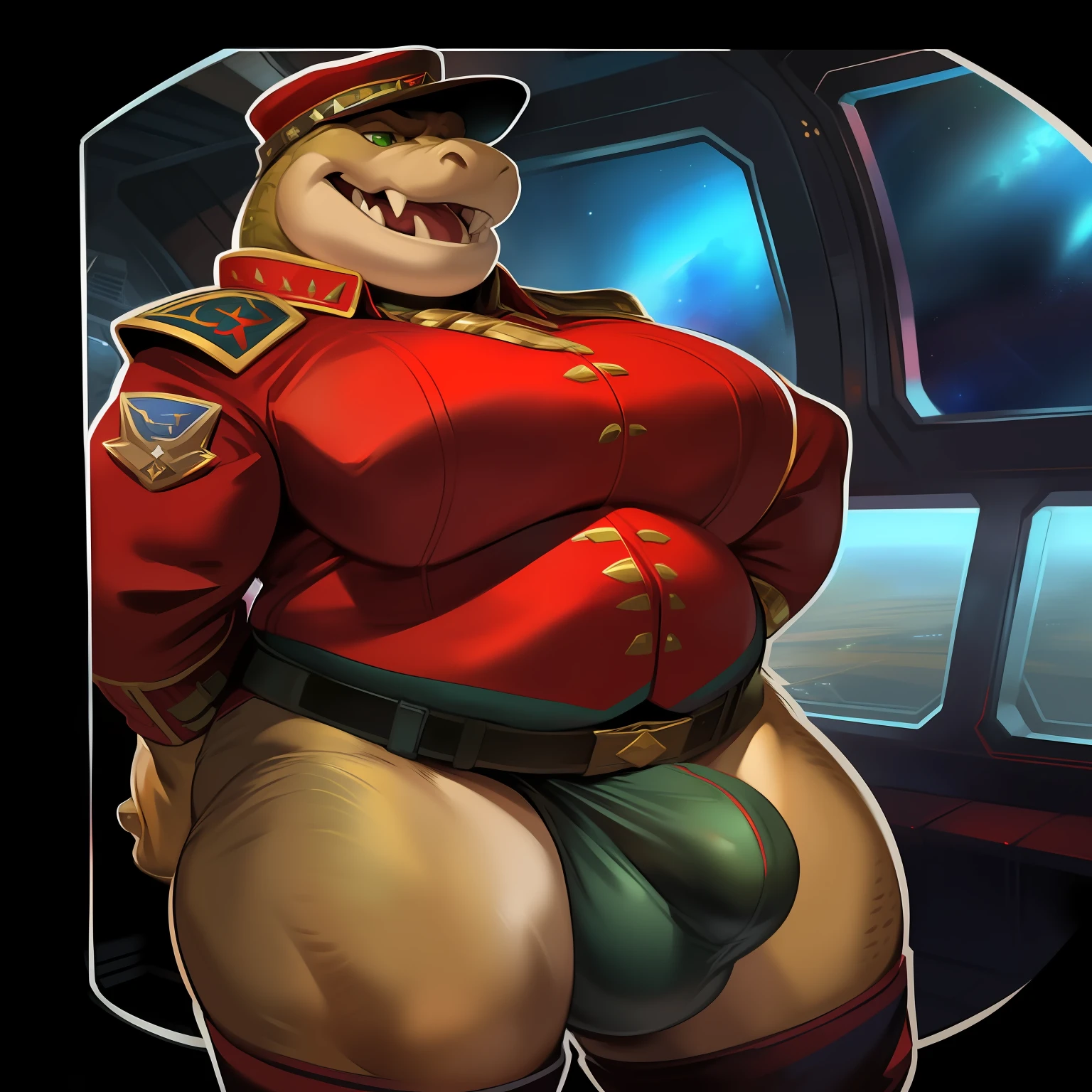 Solo, female, standing, alligator, rape face, hungry expression, big face, fangs, blep, thick tongue, green eyes, detailed eyes, overweight, flabby, big, massive, giant, fat, big arms, by chunie, by darkgem, by dramamine, by glitter trap boy, (((red military uniform, big bulge,  outline,  outline,  outline,  BASE,  base,  base, detailed genitalia outline, detailed crotch))), space, spaceship, window, big breasts