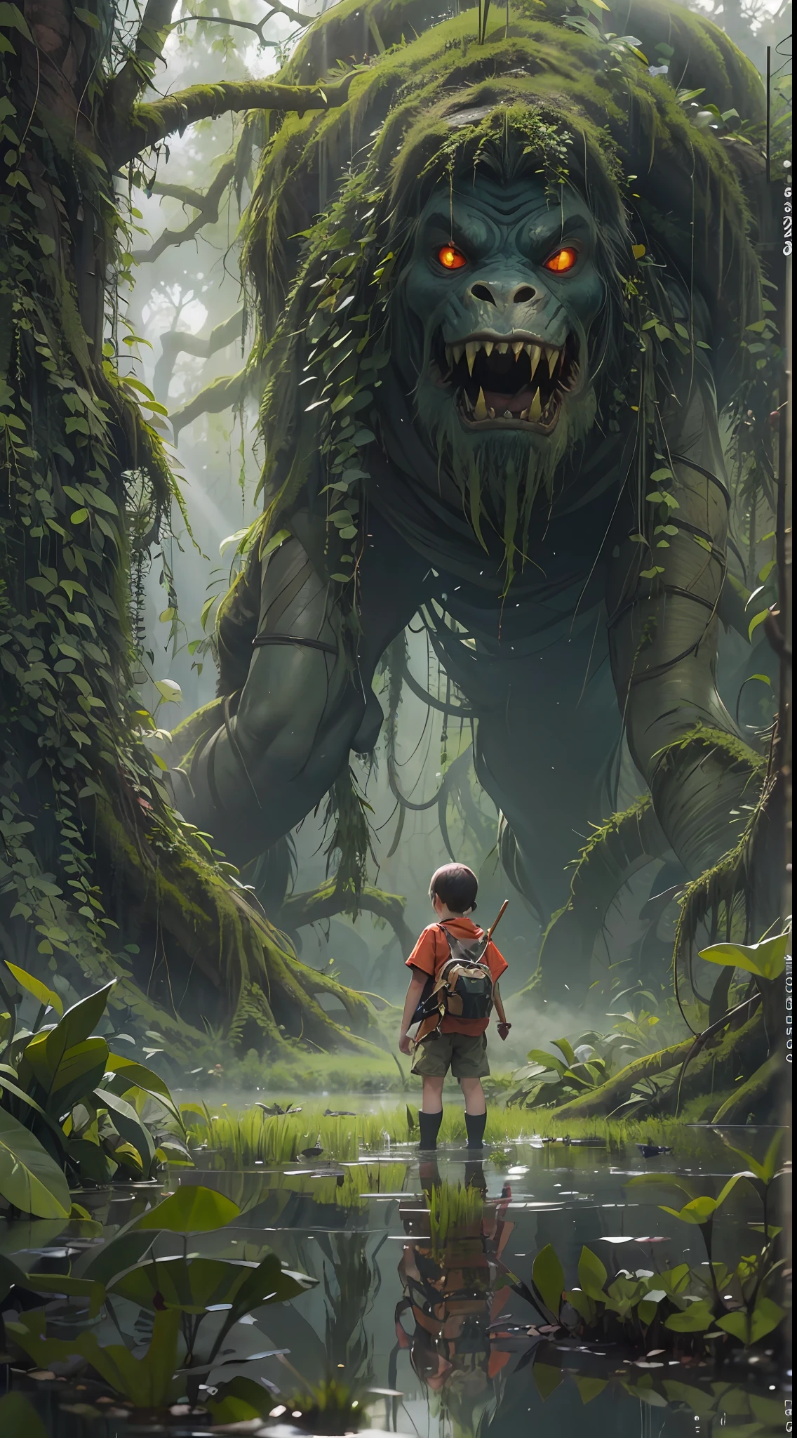 Dense jungle，Rough and damp trees，Huge thick vine，weeds，water puddles，marshes，（（5-year-old child adventurer standing in front of a huge man-eating willow tree）），Piranha，adventurer clothing，brutal，bloodthirsty，attacking，bloods，heavy bleeding，super-fine，Works of masters，high qulity，8K分辨率，depth of fields，电影灯光，Epic shooting