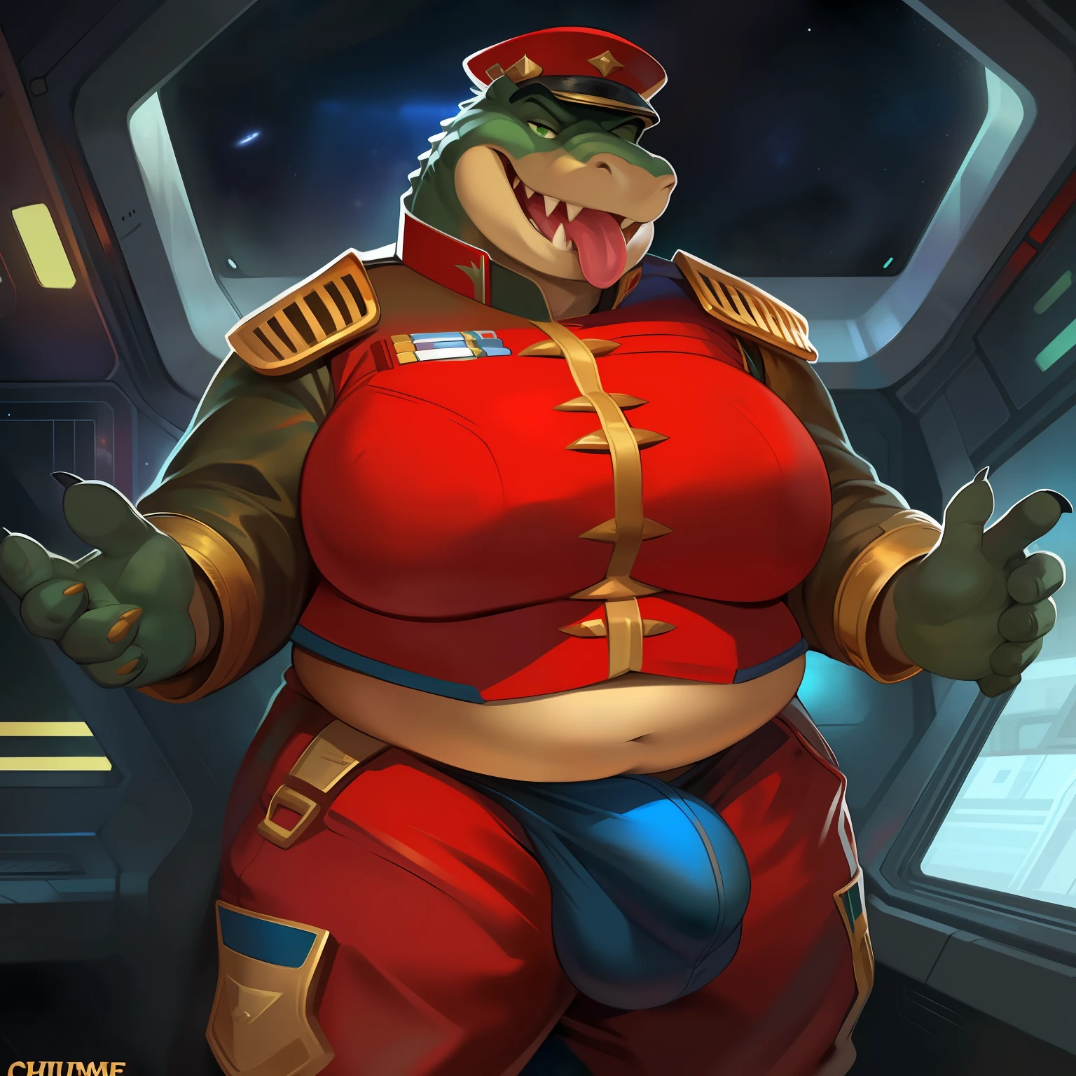Solo, female, standing, alligator, rape face, hungry expression, big face, fangs, blep, thick tongue, green eyes, detailed eyes, overweight, flabby, big, massive, giant, fat, big arms, by chunie, by darkgem, by dramamine, by glitter trap boy, (((red military uniform, big bulge,  outline,  outline,  outline,  BASE,  base,  base, detailed genitalia outline, detailed crotch))), space, spaceship, window, big breasts