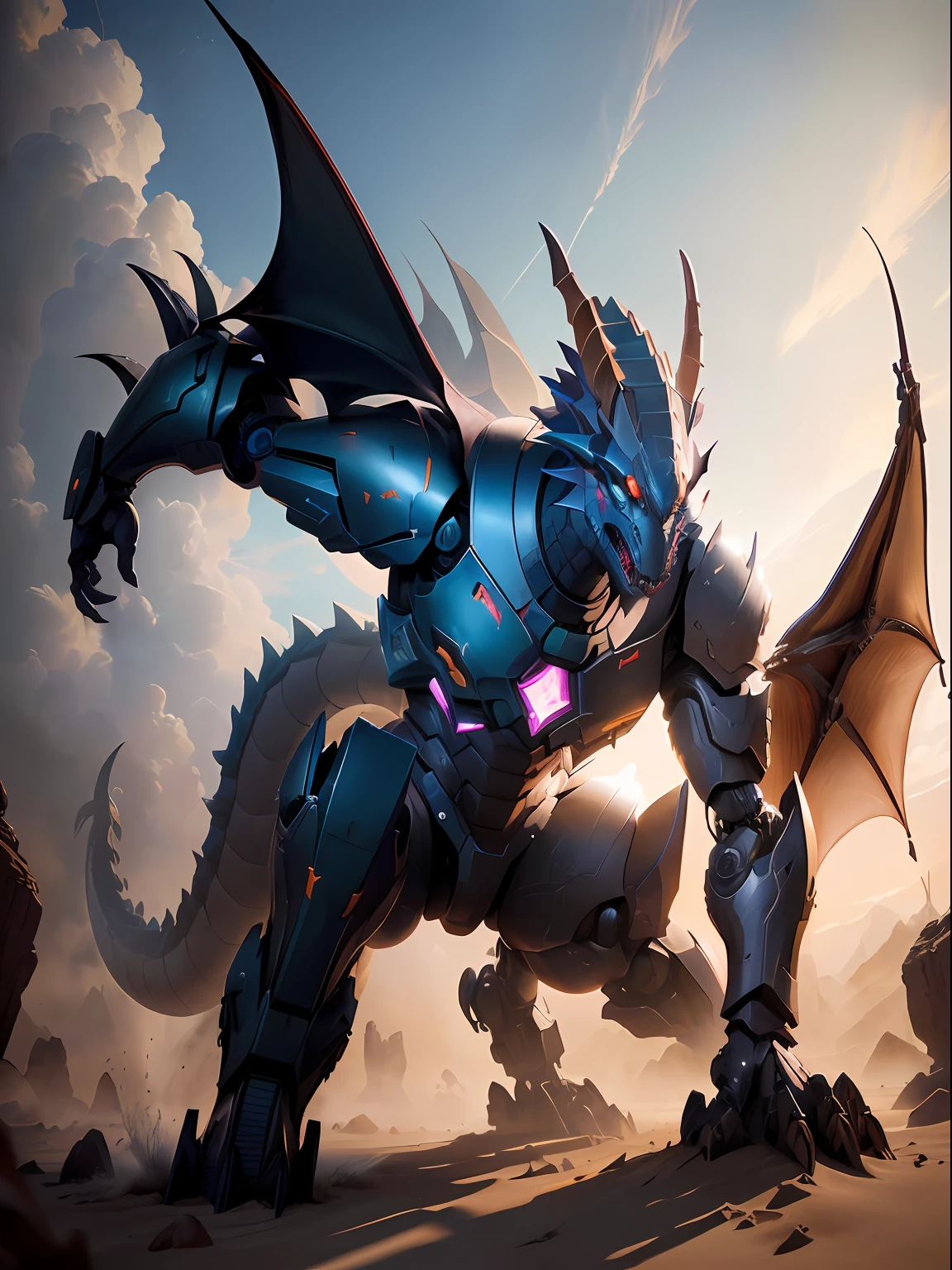 There was a big dragon standing in the sand...., Good armored dragon, Cyborg dragon portrait, pterodactyl mecha, official splash art, Robot Man Dragon Anthro, colossal dragon as background, by jeonseok lee, high detailed official artwork, With a robot dragon head, colossal dragon in background, by Adam Marczyński