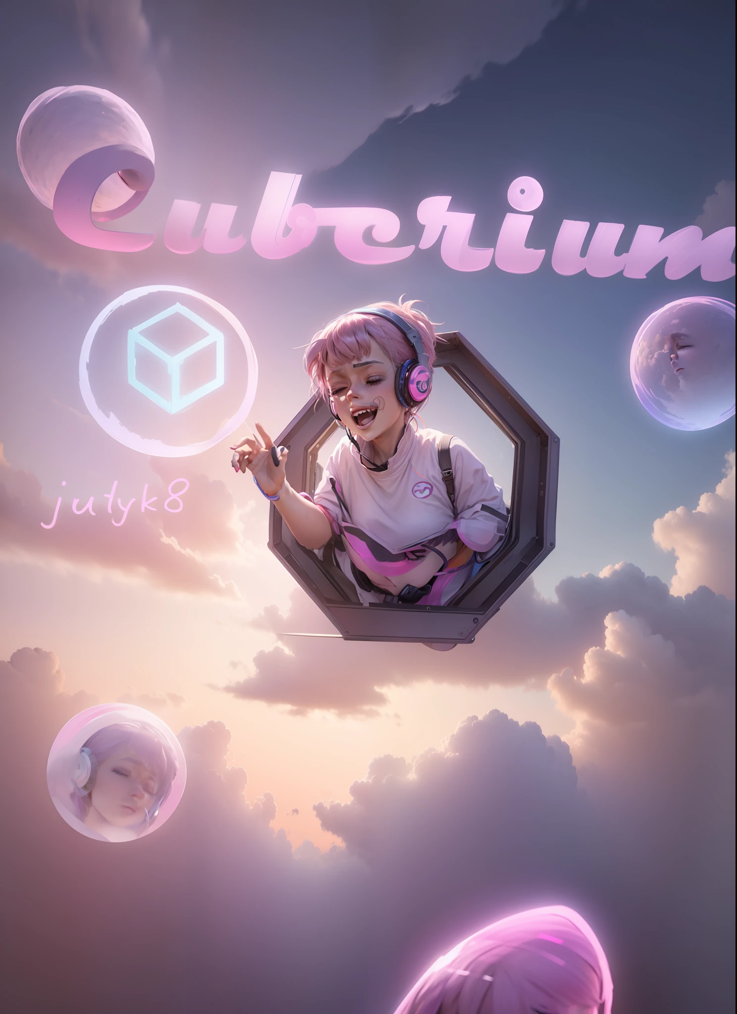 Woman with peace sense headset, closed eyes, beautiful face, RGB colors, anime pink hair, banner for youtube video, happy girl, clouds with RGB colors., bright RGB colors.