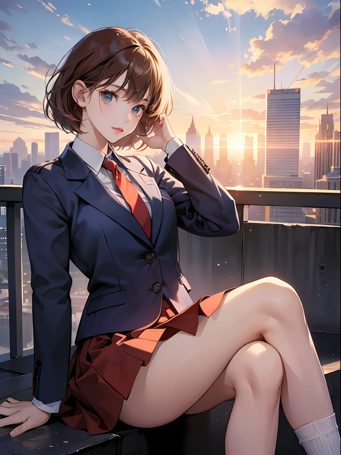 Dark blue blazer、white shirt、Red Big Ribbon、Super Mini Flared Skirt, Red tie, White socks, lowfers,Light brown fringe short hair、Light brown eyes、1girll、Innocent、(Photorealsitic)、(intricate detailes:1.2)、(masterpiece、:1.3)、(top-quality:1.4)、(超A high resolution:1.2)、超A high resolution、(A detailed eye)、(detailed facial features)、nffsw、8K分辨率、、(lensflare:0.7)、爆乳、sit on stairs、Open your legs、Raise both legs、beauty legs、Seductive thighs、Emphasis on the thighs、frombelow、Skyscrapers、Sunset between buildings