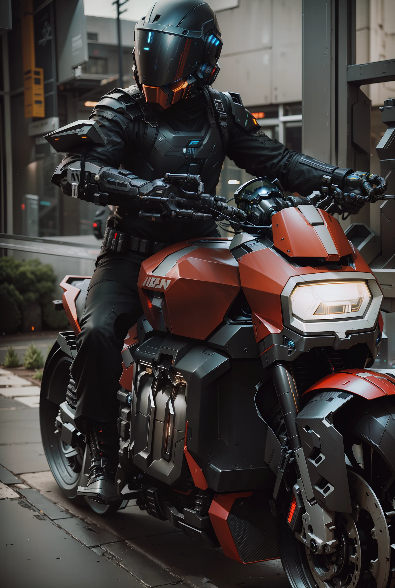 Handsome cyberpunk mech warrior，Black cyberpunk mech costume，High-tech black full enveloping helmet，Biomechanicals， MSHN Robot Man，High-tech helmet，hyper realisitc， Steel， Complex design， insanely details， finely detailled， Extremely clear lines， cinmatic lighting， photograph realistic， A detailed masterpiece