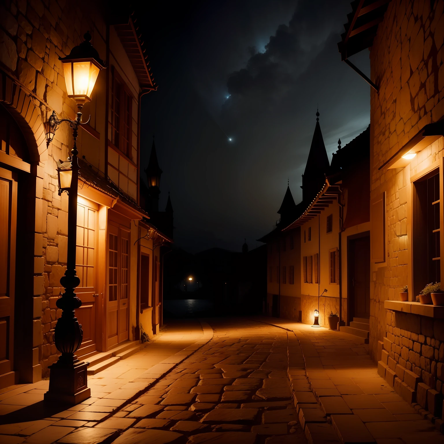 Ancient lamp at night, com muitas luzes reflexivas, ocupando quase toda a foto, com vagalumes ao redor, paisagem medieval