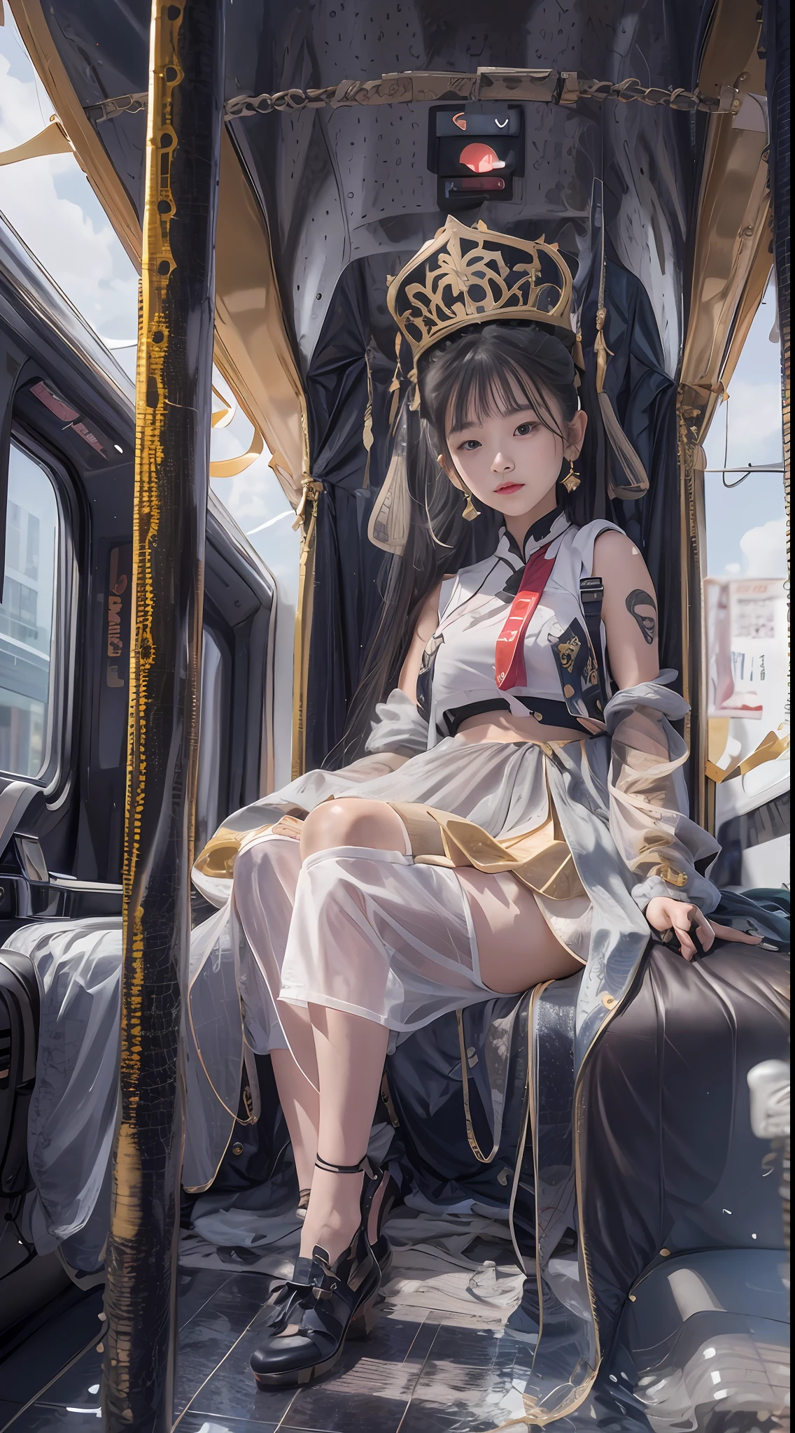 （tmasterpiece，k hd，hyper HD，16k）brunette color hair，15 year old girl，Multi-layer gauze skirt，Silver embroidered crown gold setting，Rouge lips，Cherry mouth，Focus on the neckline，Soft hair like slippery silk，Sparkling，Almost reluctant to look away，She wears a suspender cheongsam！Imagine that，She just wore a suspender cheongsam to shop in the bustling Sanlitun，One can't help but want to take a closer look。Take a closer look, desi，Her belly pocket is quite stylish，The skirt flutters in the wind，It's like adding a touch of energy to the whole street，Crocodile skin train，A sneak peek angle，（From the angle below），Sit in the seat of the train python，sitting in front，Zoom camera，head portrait，Head down and sleepy-eyed，Look at the ground， best qualtiy， hyper HD， （realisticlying：1.4），， A high resolution， the detail， RAW photogr， Sharp Re， Nikon D850 Film Stock Photo by Jefferies Lee 4 Kodak Portra 400 Camera F1.6 shots, Rich colors, ultra-realistic vivid textures, Dramatic lighting, Unreal Engine Art Station Trend, cinestir 800，