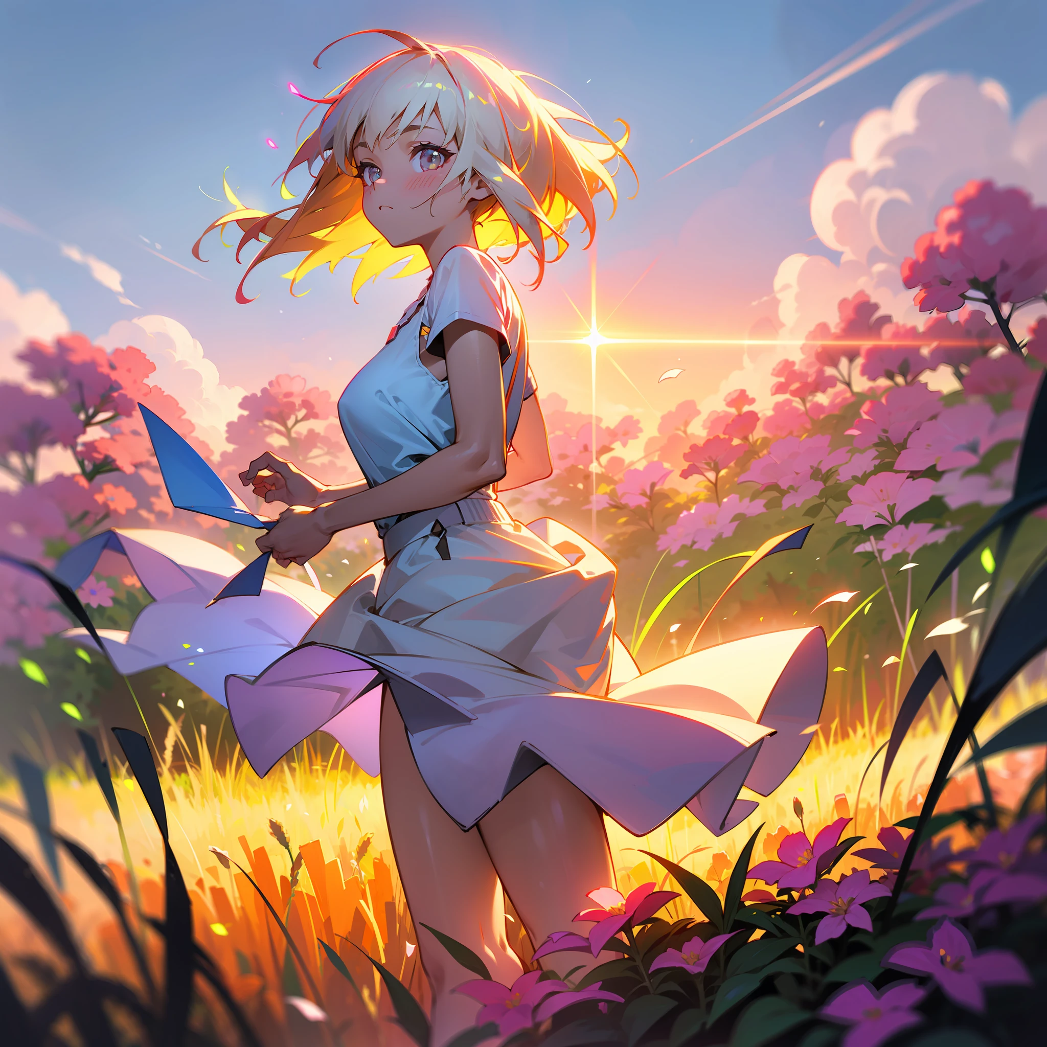 girl running in field, (((neon flowers))), mid shot, portrait, clouds, sunrise