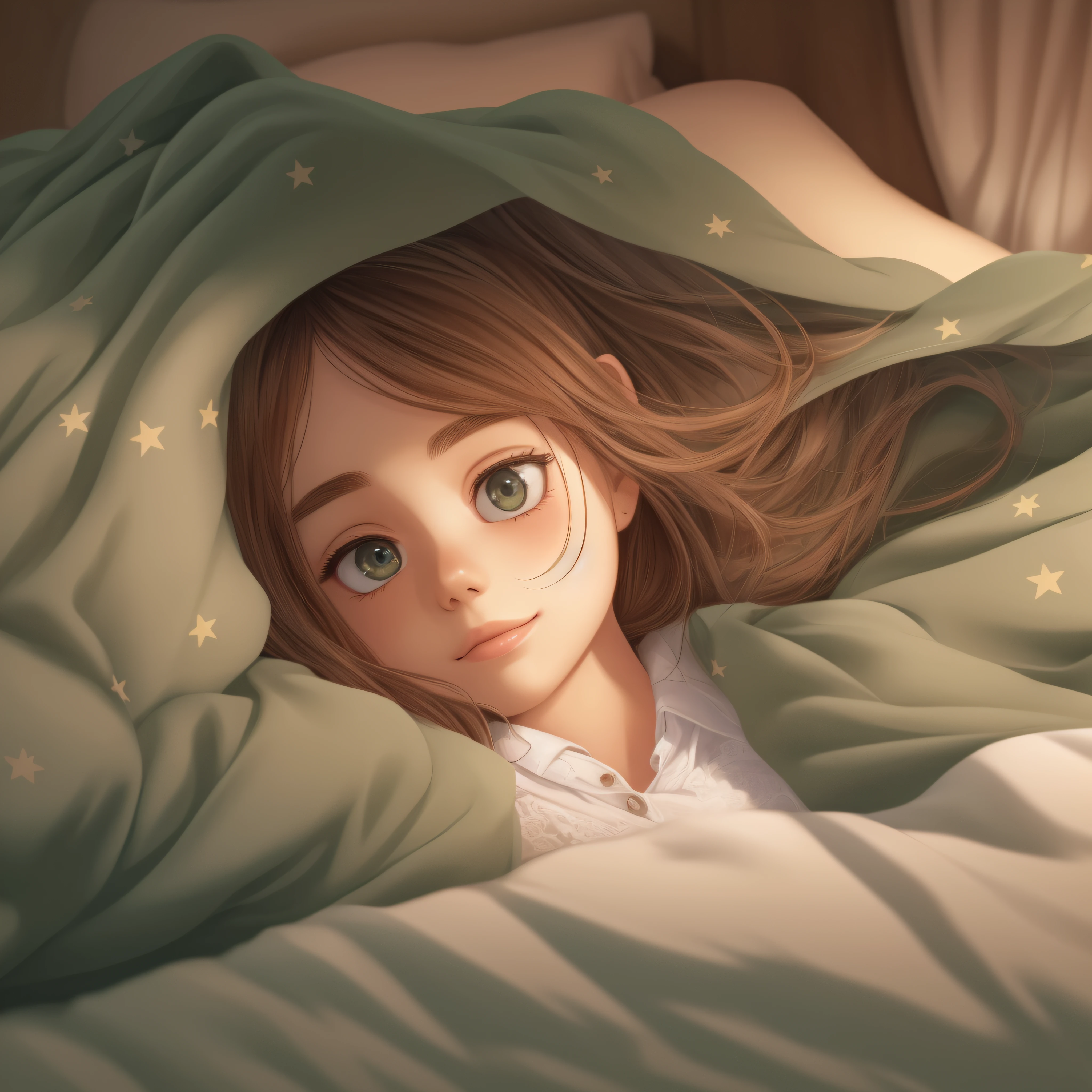 There's a cute girl lying on a bed with a green blanket, The illustration is a high-definition illustration in 4K resolution with highly detailed facial features and cartoon-style visuals.