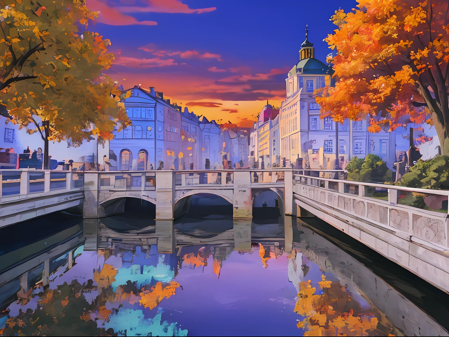 ((tmasterpiece)), (8K, High_resolution),(beste-Qualit), The Old Town, European Houses, autumn, very extremely beautiful, kali, Bridge over the river, Old Petersburg, Old houses of St. Petersburg. Petersburg. Petersburg. Petersburg, Sundown, A sky of impossible colors, Purple, Yellow, red sky, ((architechture))