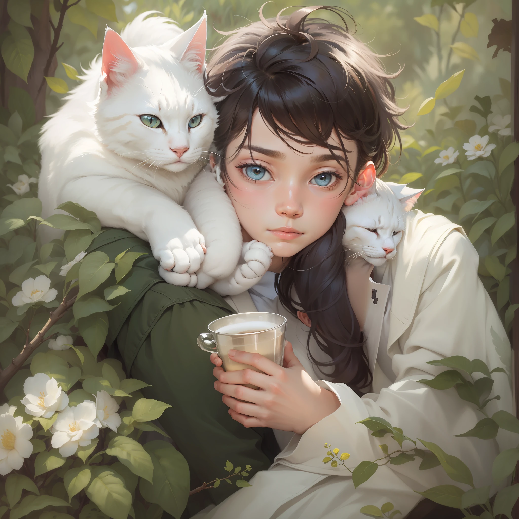 head portrait，The gentle boy has a white cat lying on his shoulder，The boy is drinking tea，The boy occupies most of the frame，Pleasant scenery around