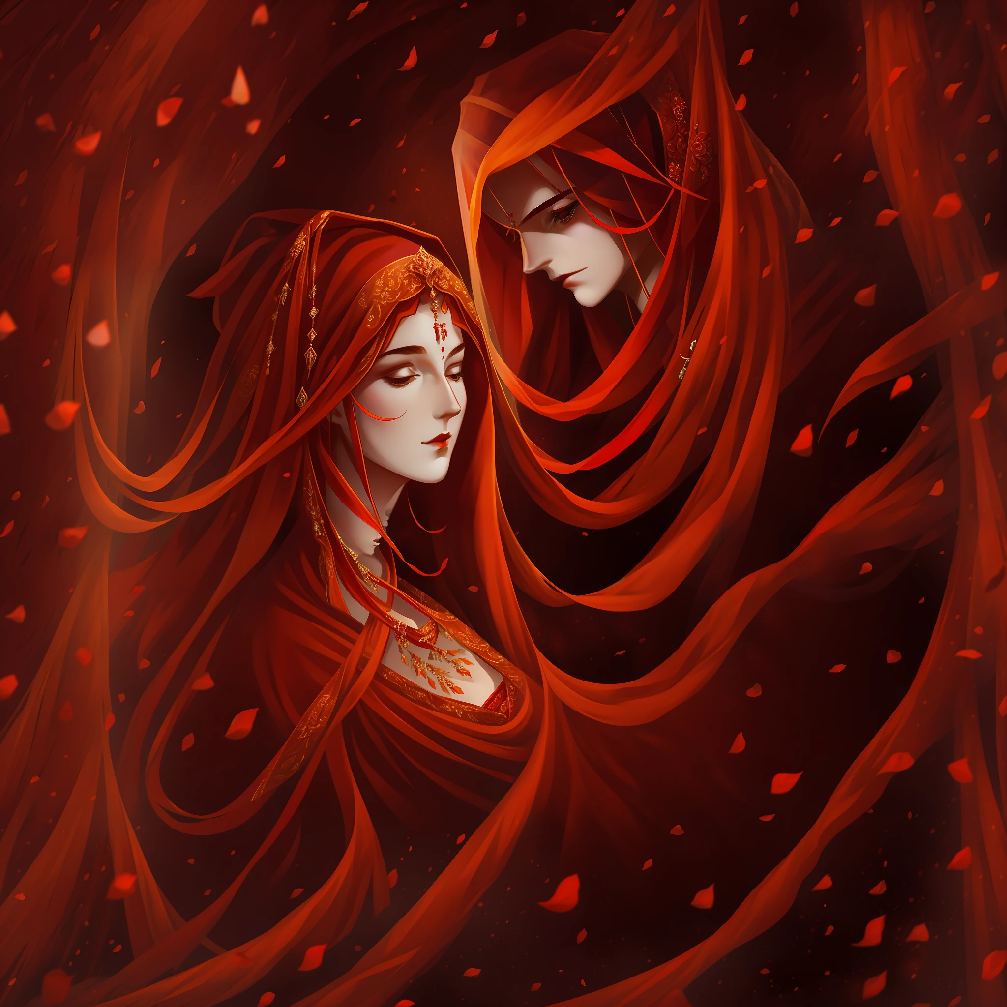 An ancient couple is married，All dressed in red，The bride's head is covered with red cloth gauze，in a panoramic view，ember，Female pervert