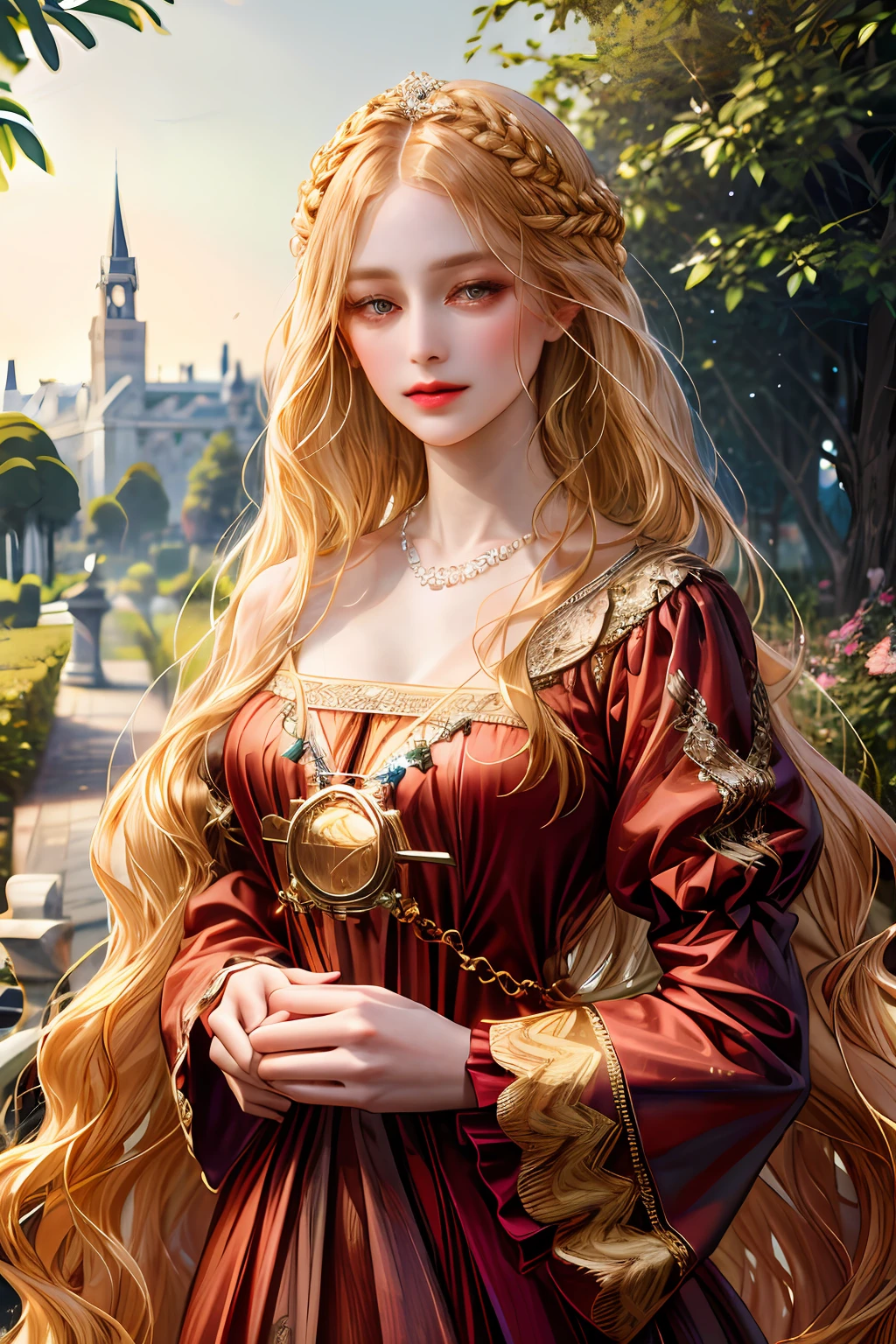 (absurdres, highres, ultra detailed), 1girl, solo, mature, (very long hair, blonde hair), Baroque, Necklace, long dress, long sleeve, elegant, colorful, highest detailed, upper body, outdoors, garden
