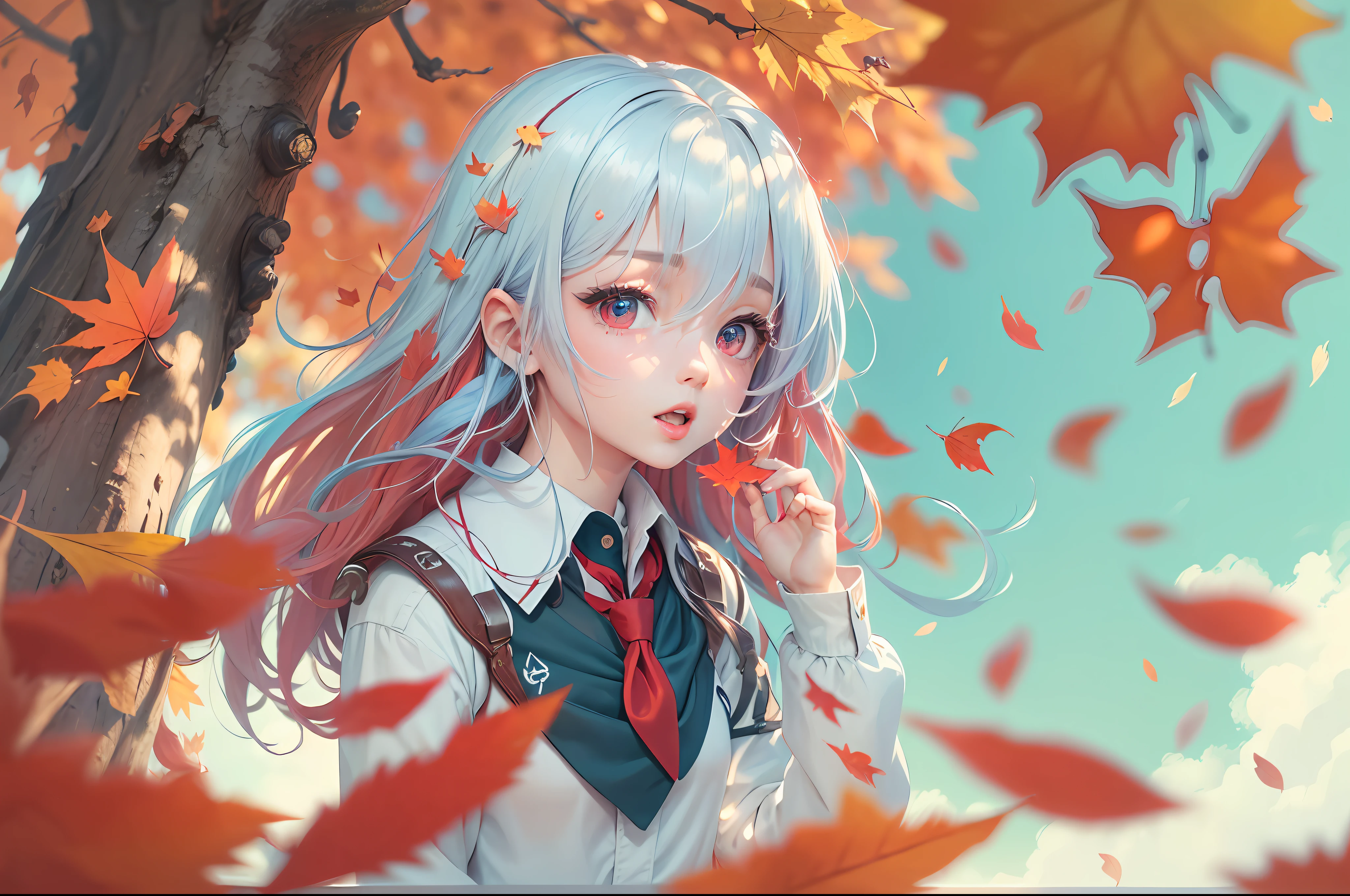 ((1girl)), (solo),school uniform, serafuku, long hair, red neckerchief, blurry, sailor collar, neckerchief, shirt, autumn leaves, parted lips, outdoors, floating hair, long sleeves, white shirt, bangs, upper body, red necktie, open mouth, necktie, teeth, wind, autumn, maple leaf, falling leaves, blurry background, day, ginkgo leaf, depth of field, bug,(aqua eyes), cloudy sky, light,(white hair),((red hair)), masterpiece, best quality, 8k, insane details, intricate details, hyperdetailed, hyper quality, high detail, ultra detailed, blue sky, (red maple leaf),((blue hair))