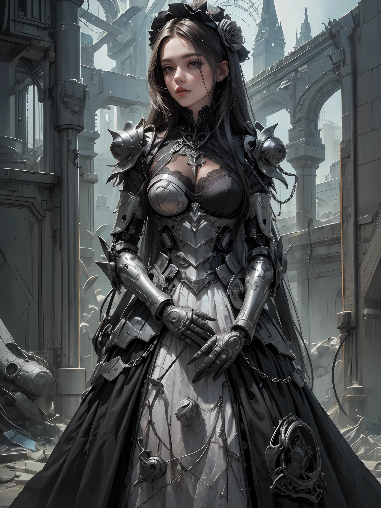 (Artwork of exceptional craftsmanship),(Detailed illustrations,(Very ideal anatomy),Very detailed and detailed drawing,Delicate lines with slow and rapid,(Realistic texture expression)),[Color tressed main line],[ruins background],HENTAI ANIME (MACHINEAlice (Beautiful fece) (Tall [High class] sixteen years old (Smooth straight hair [Crystal clear long hair]))) AUTOMATON,((Black dress) Black Rose (Lace pattern [caltrop]) ((Cybernean Alien Armor) ((Through the material))) (Cybernetic Gothic Lolita [Titanium alloy] [chains])),[Bondage Fashion],(Perfectly proportioned),(Fine and beautiful skin expression [realistic skin detail]),[Design built to the highest level,[Advanced structural understanding of materials],Ideal color coordination],(Intricate and beautiful decoration [Dense detail]),(More on shiny hair),[Perfect hand details [Beautiful Finger]],(Beautiful perfect face [Realistic face details]),[Clear gaze],[long and beautiful eyelashes],[Perfect eye details (Eyes beautifully drawn down to the smallest detail)],(detaileds,high-detail),([Precision Detail],[multi-layer texture],HighQuality,hight resolution),[(Accurate simulation of light-material interactions),Understanding Airflow,Mechanically correct representation],[Visual art that conveys a sense of narrative] [Full body like],[[Desaturation]].