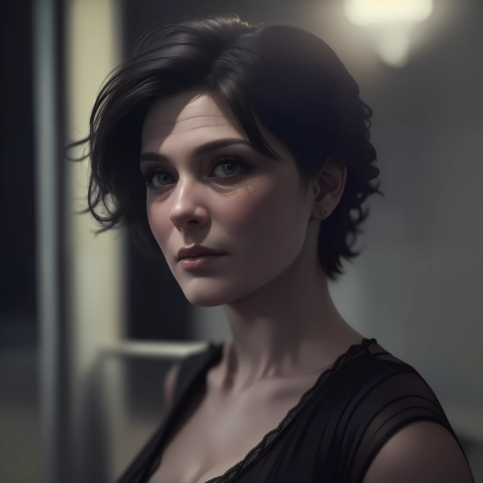 ( 
    (Character: one italian woman, 50 years old, short hair)
    (Clothing: black lingerie),(close-up) 
    (Style: ((masterpiece:1.5)), (face detailed), photo-realistic:1.3, hyperrealistic, film grain, realistic lighting)
)