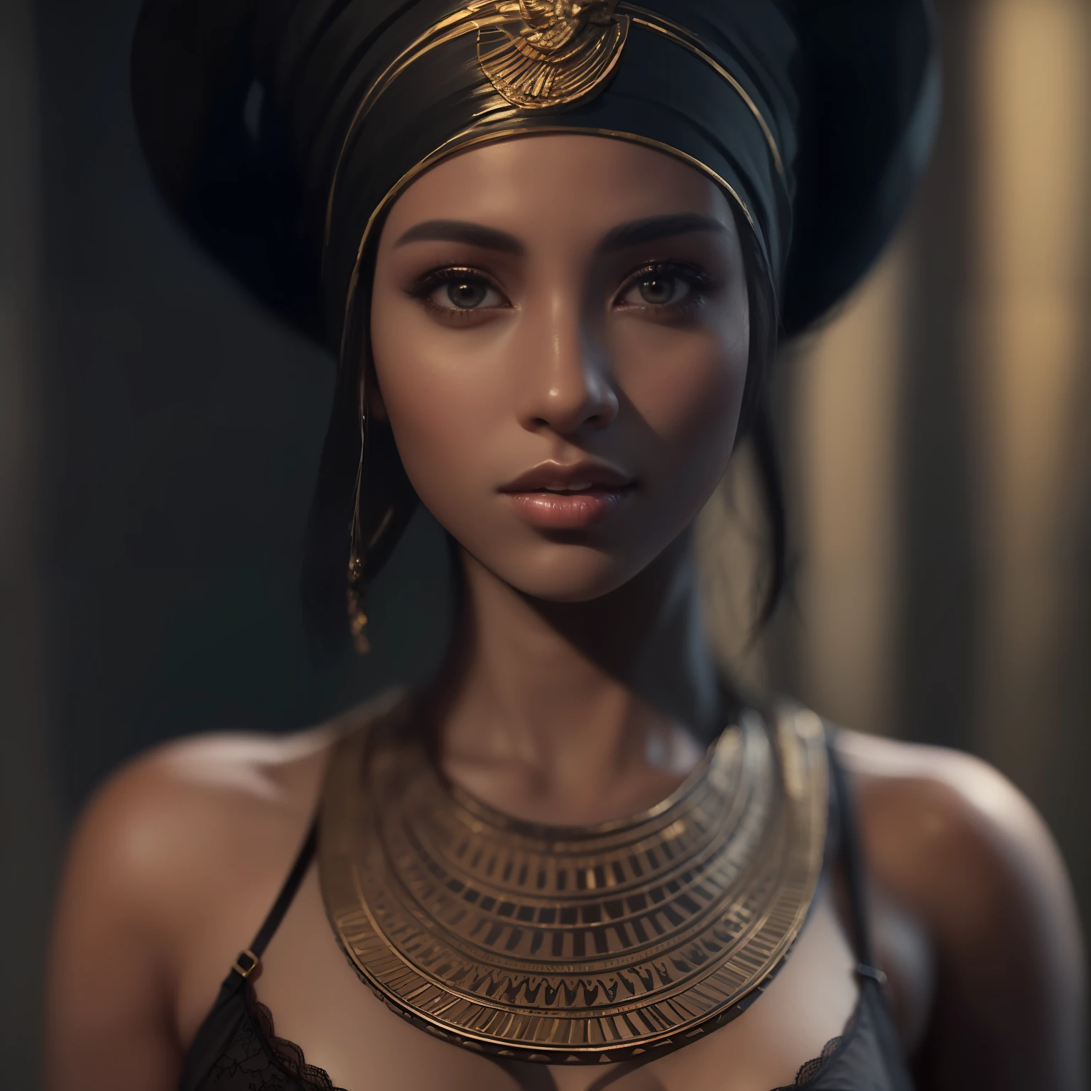 (
(Character: one egyptian woman, black skin:1.4, black medium straight hair)
(Clothing: brown lingerie, ),(close-up)
(Style: ((masterpiece:1.5)), (face detailed), photo-realistic:1.3, hyperrealistic, film grain, realistic lighting)
)