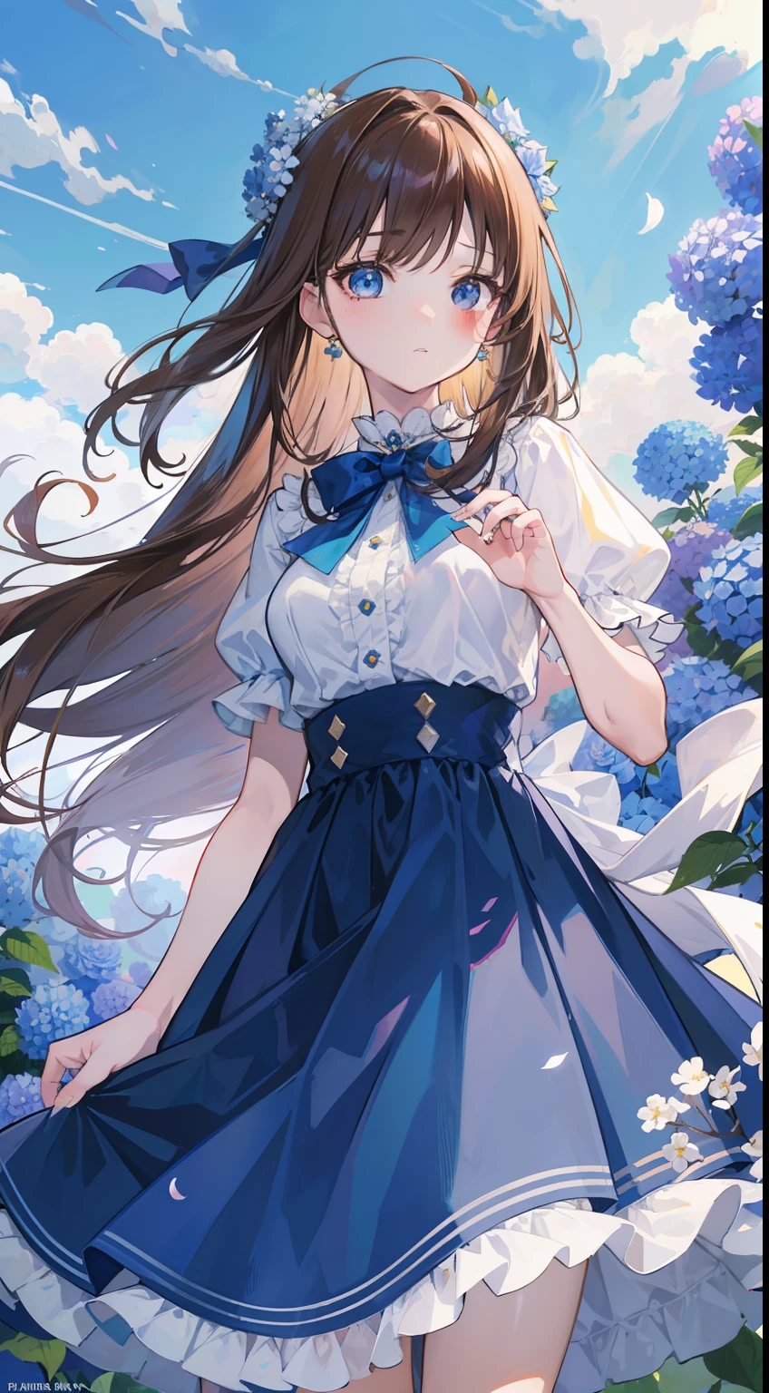 high high quality，tmasterpiece，Delicate facial features，Delicate hair，Delicate eyes，Delicate hair，animemanga girl，anime girl with long hair，dual horsetail，Brown hair，blue bow，a blue dress，skirt with frills，Fantastic flower garden，florals，Blue hydrangeas，with blue sky and white clouds，rays of sunshine，petals， Clouds，exteriors，anime art style，(Anime girl), anime artsyle，8K high quality detailed art（Delicate facial portrayal）（Fine hair portrayal）（highest  quality）（Master masterpieces）（High degree of completion）（a sense of atmosphere）8k wallpaper，tmasterpiece，Best quality at best，ultra - detailed