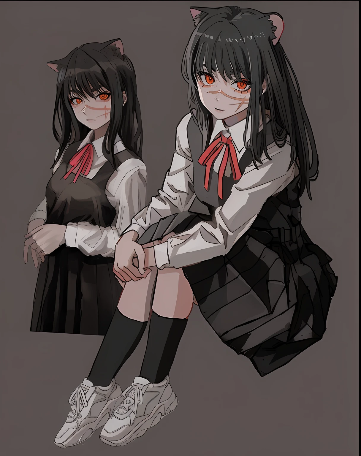 anime girl sitting on the ground with her legs crossed, akane owari danganronpa, anime moe artstyle, by Jin Homura, yandere. tall, digital art from danganronpa, in an anime style, gapmoe yandere, kantai collection style, yandere, in anime style, anime art style, anime full body illustration  Yoru (chainsaw man). ((((Orange eyes)))) (((black ringed eyes)))