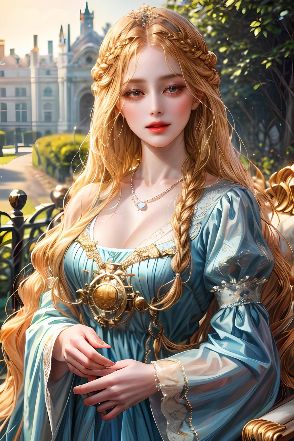 (absurdres, highres, ultra detailed), 1girl, solo, mature, (very long hair, blonde hair), Baroque, Necklace, long dress, long sleeve, elegant, colorful, highest detailed, upper body, outdoors, garden