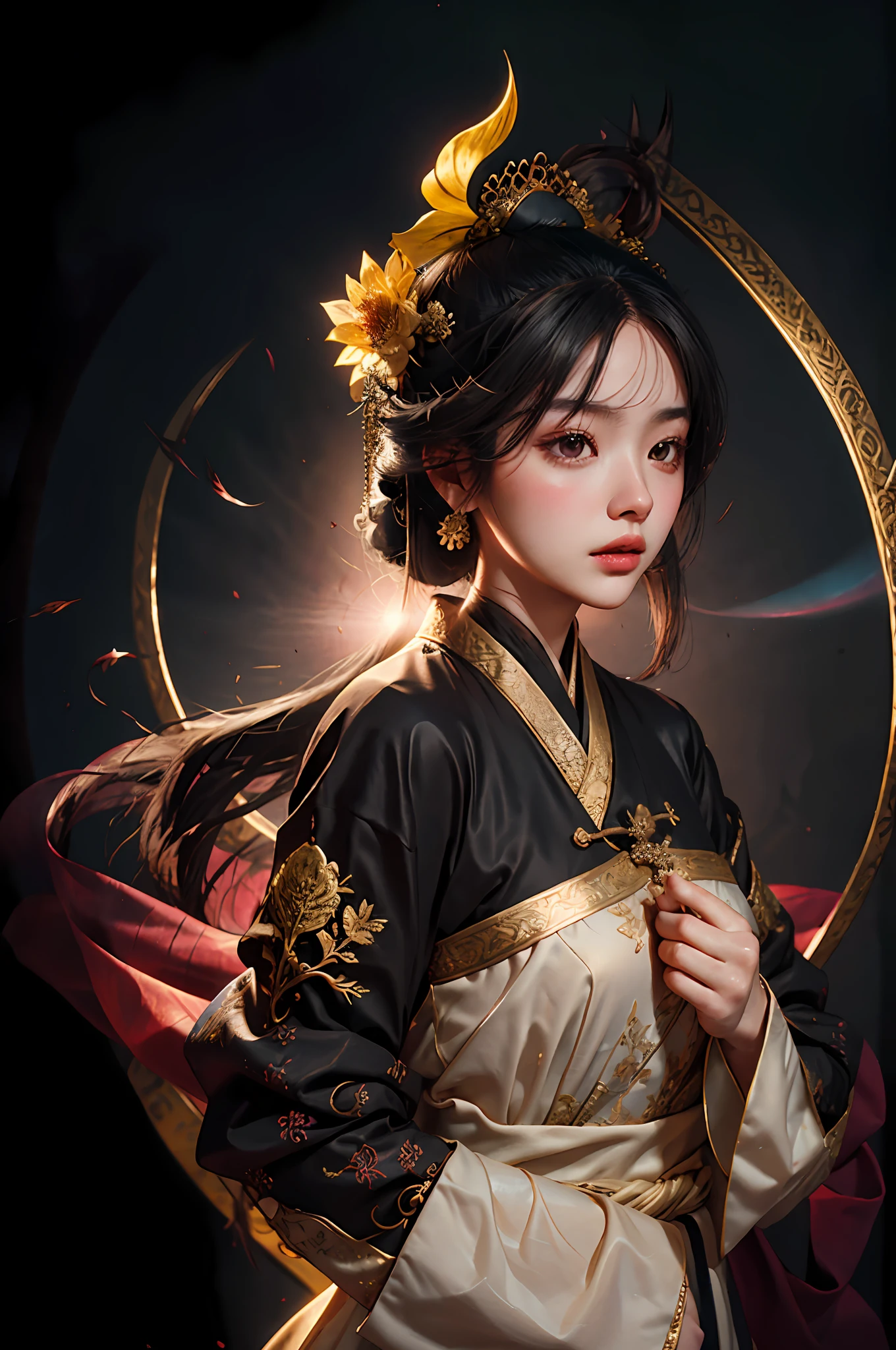 Zhong Fenghua, 1girll, (full bodyesbian) 独奏, Hanfu, flower field, blossom flower, (Black smoke:1.3) (realisticlying:1.5), Zen entanglement, datura, entangled, offcial art, Unity 8k壁纸, ultra - detailed, Beautiful and beautiful, tmasterpiece,best qualtiy, (dynamic angle:1.4), (Realistic:1.5),(Real human photos;1.5),Glowing skin, (Floating colorful flashes:1),The most beautiful forms of chaos,ellegance,Fauvistdesign,vivd colour,Romanticism Depth of Field,