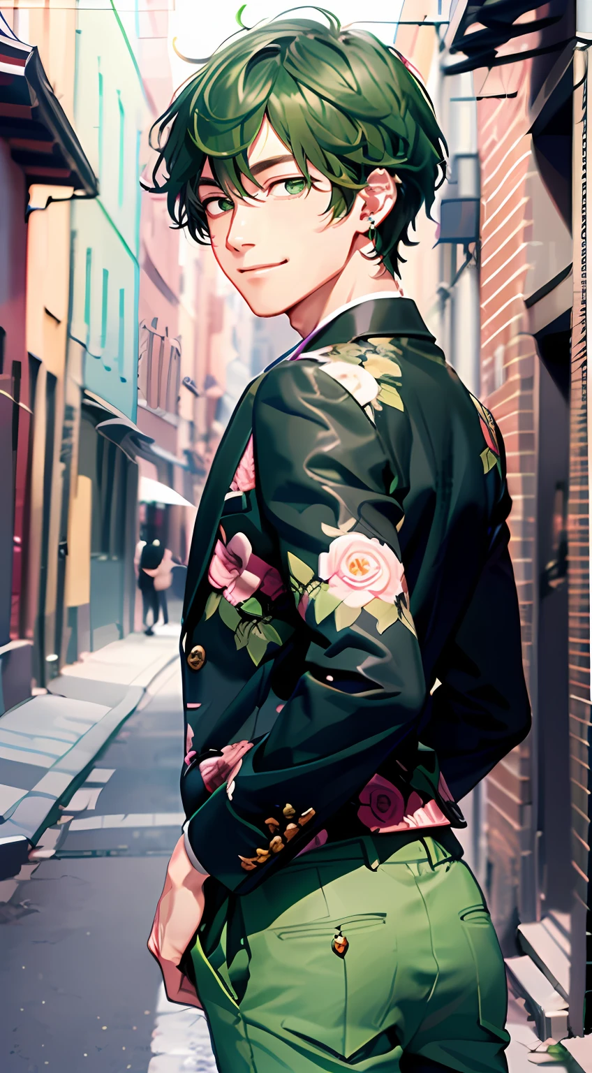 (top-quality:1.4、8K Super Detail CG Wallpapers)、(cute young man、Green eyes and short green hair:1.2)、Floral black suit and long pants、kindly smile、piercings、The background is a back alley