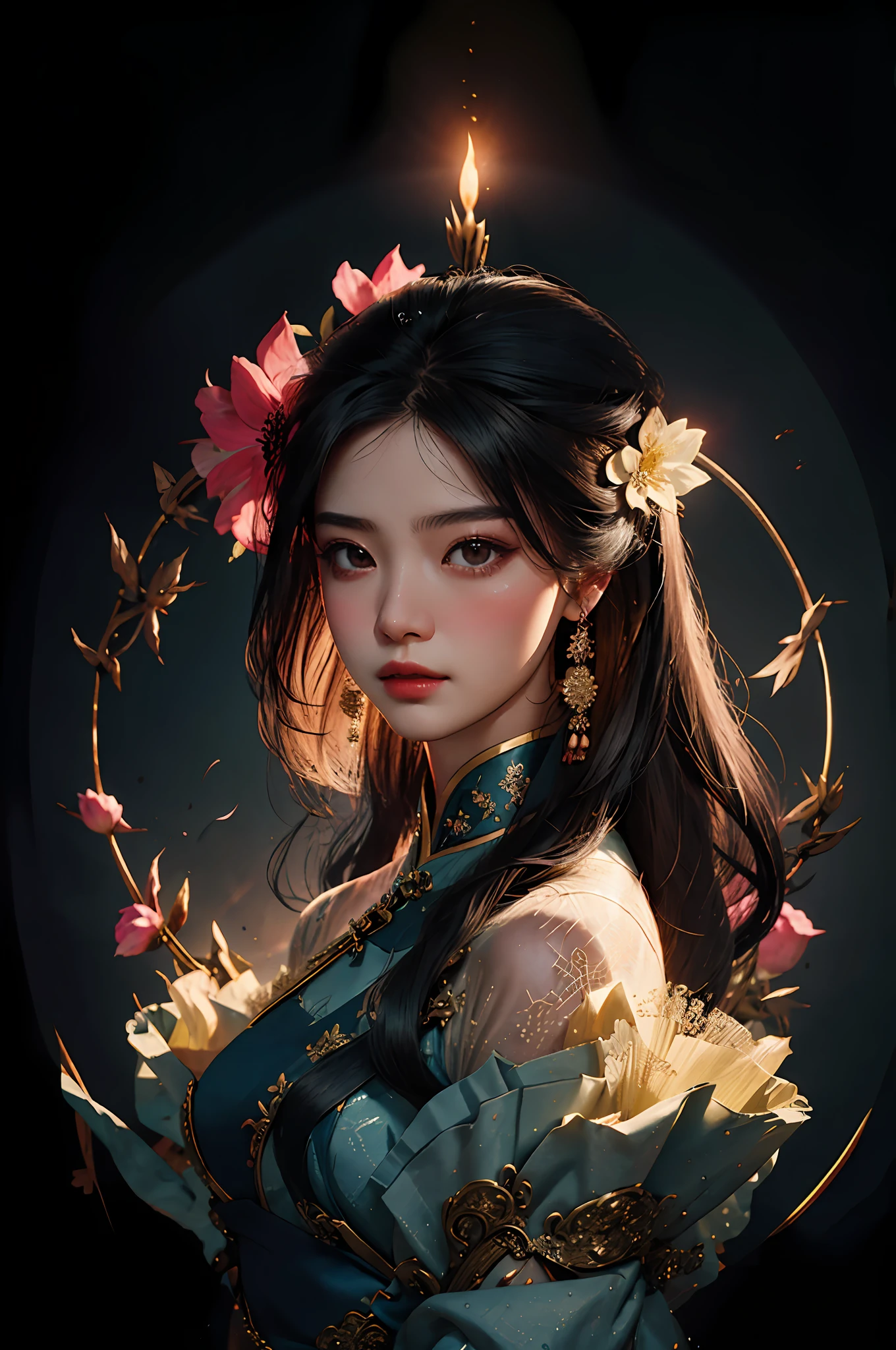 Zhong Fenghua， 1girll， （full bodyesbian） 独奏， Hanfu， flower  field， blossom flower， （Black smoke：1.3） （realisticlying：1.5）， Zen entanglement， datura， entangled， offcial art， Unity 8k壁纸， ultra - detailed， Beautiful and beautiful， tmasterpiece，best qualtiy， （dynamic angle：1.4）， （Realistic：1.5），（Real human photos；1.5），Glowing skin， （Floating colorful flashes：1），The most beautiful forms of chaos，ellegance，Fauvistdesign，vivd colour，Romanticism Depth of Field，