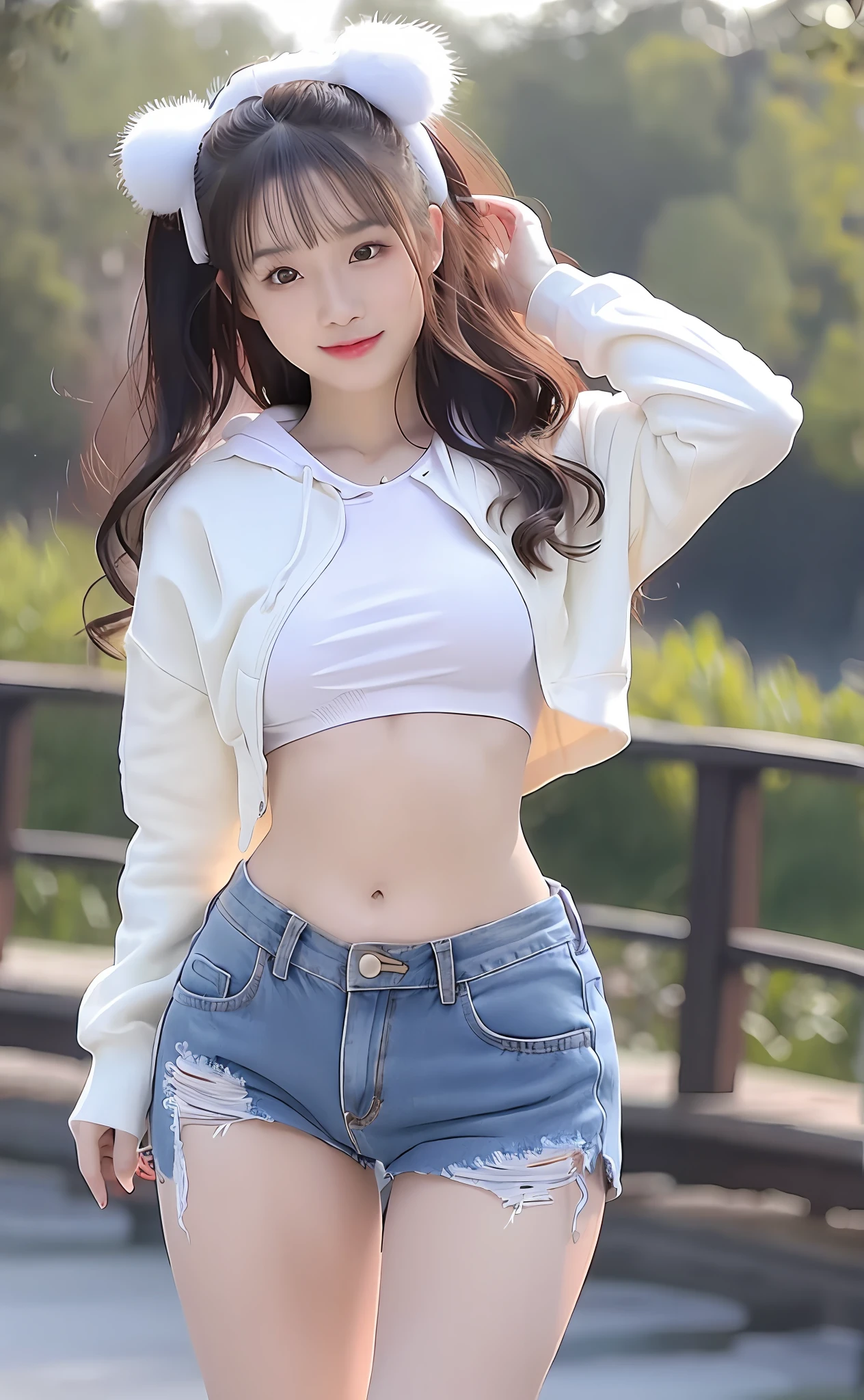 photorealestic, 8K, 1girll, Long wavy curls, Pale skin(Chinese beautiful woman),(Smiling) Young beauties, Thick eyebrows, ((D-cups)), hoody((with a good figure)),(tight-fitting)(C cup) denim short(Lightweight denim shorts), (Ripped pants)Small waist, Wide thighs, Stand with one thigh up, wide thigh gap, leg apart
