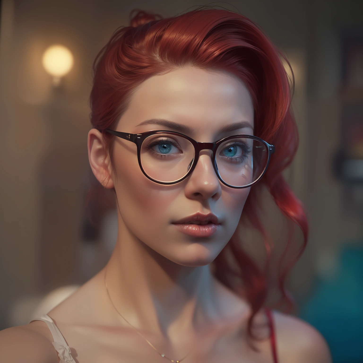 ( 
    (Character: one irish woman, (40 years old), red hair, ponytail hair) 
    (Clothing: cyan vintage lingerie, glasses),(close-up) 
    (Style: ((masterpiece:1.5)), (face detailed), photo-realistic:1.3, hyperrealistic, film grain, realistic lighting)
)