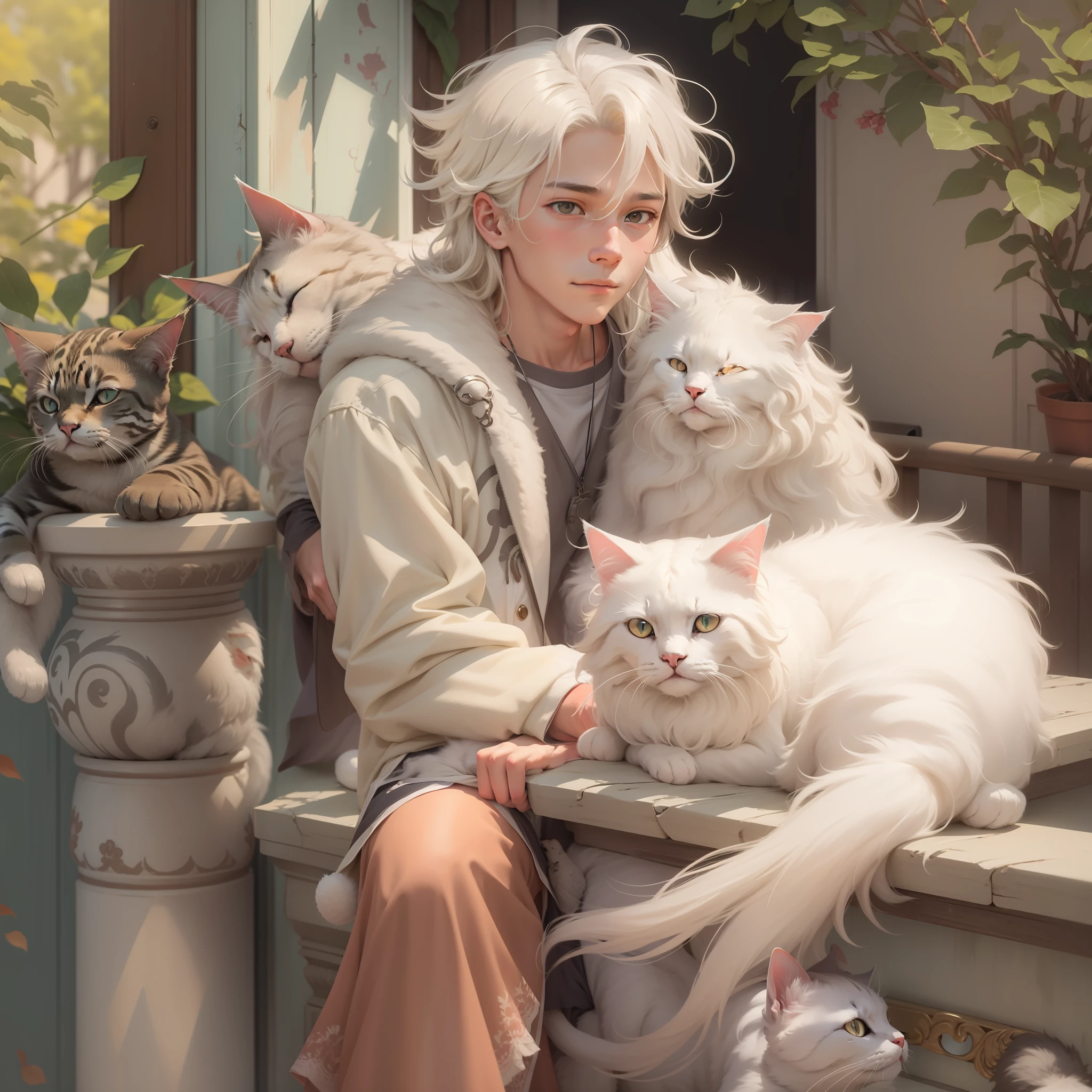 The mild-mannered ager holds a white long-haired cat,Lying on the railing,The boy occupies most of the frame,Relaxed expression。