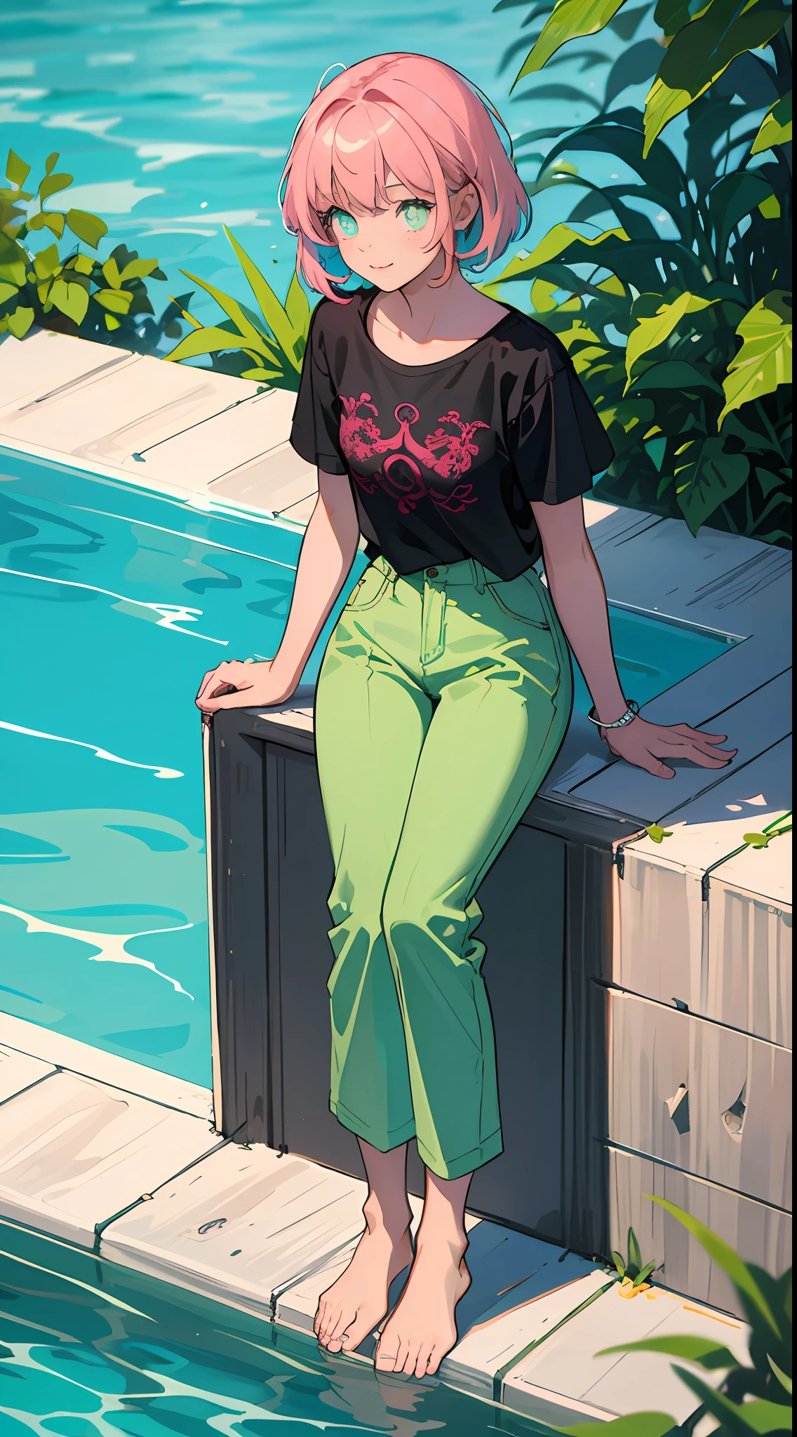 8K,best qulity,The Masterpiece,1 cute little girl ,10 years old, Black pupils,pink tinted hair,Natural volumes,shorter hair,T-shirt and pants, Lovely lace edges,Children's figure,Thin ankles,Barefoot,Turquoise pool background,Cute swimming ring,Welcoming summer atmosphere,relaxed,colourful,Normal hands,Delicate fingers