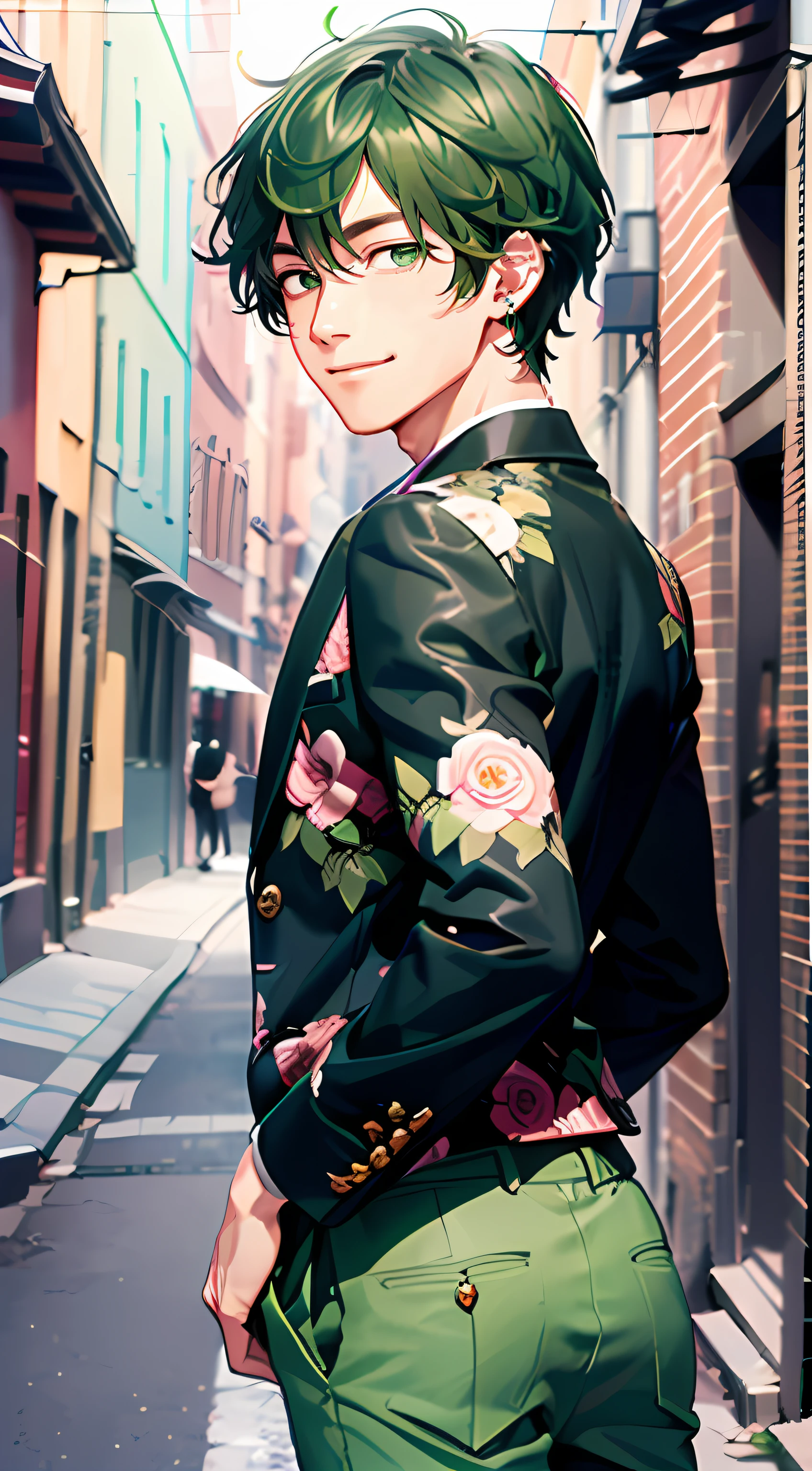 (top-quality:1.4、8K Super Detail CG Wallpapers)、(cute young man、Green eyes and short green hair:1.2)、Floral black suit and long pants、kindly smile、piercings、The background is a back alley