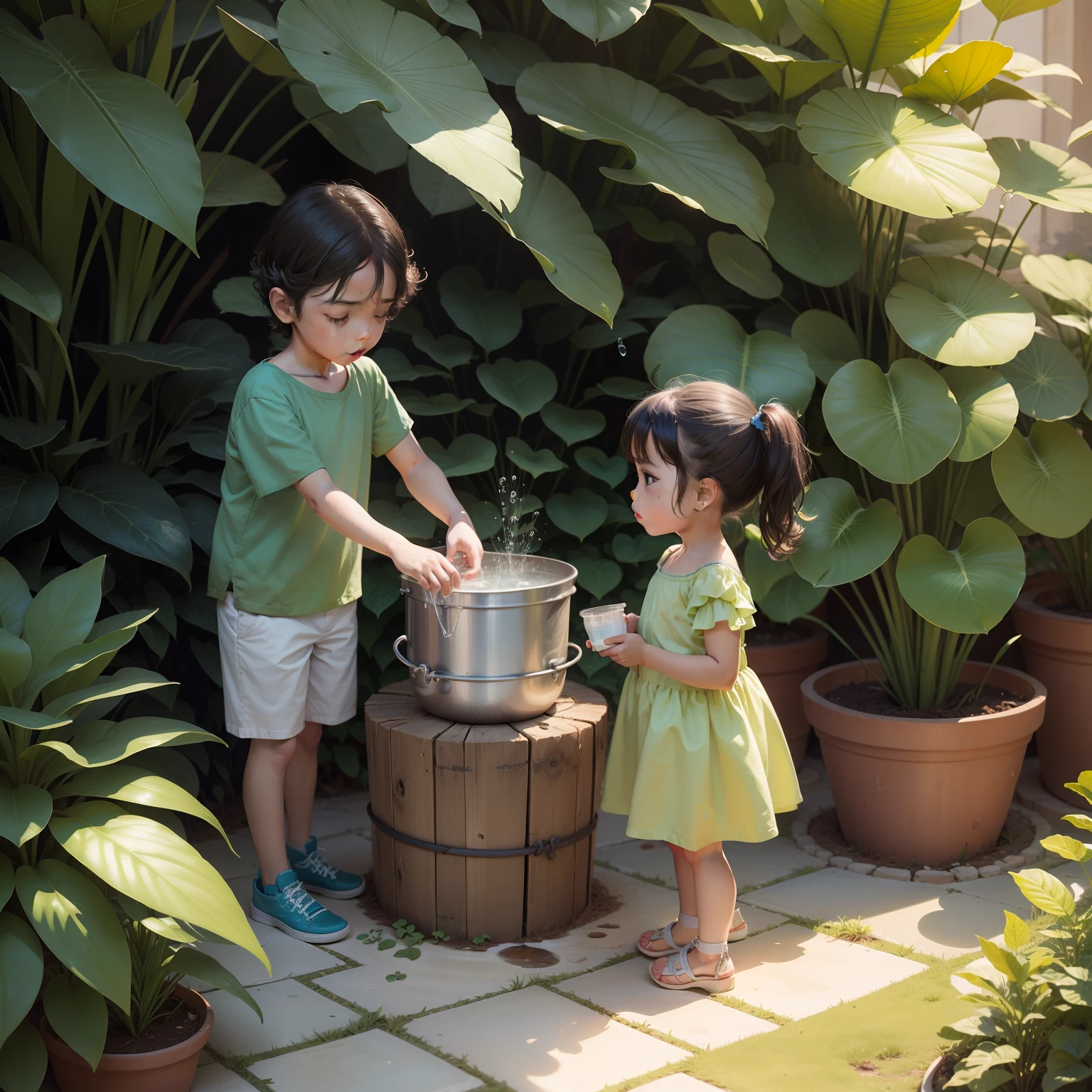O jardim estava completamente seco, and the plants needed water, para um livro infantil, insert two child characters, um menino e uma menina