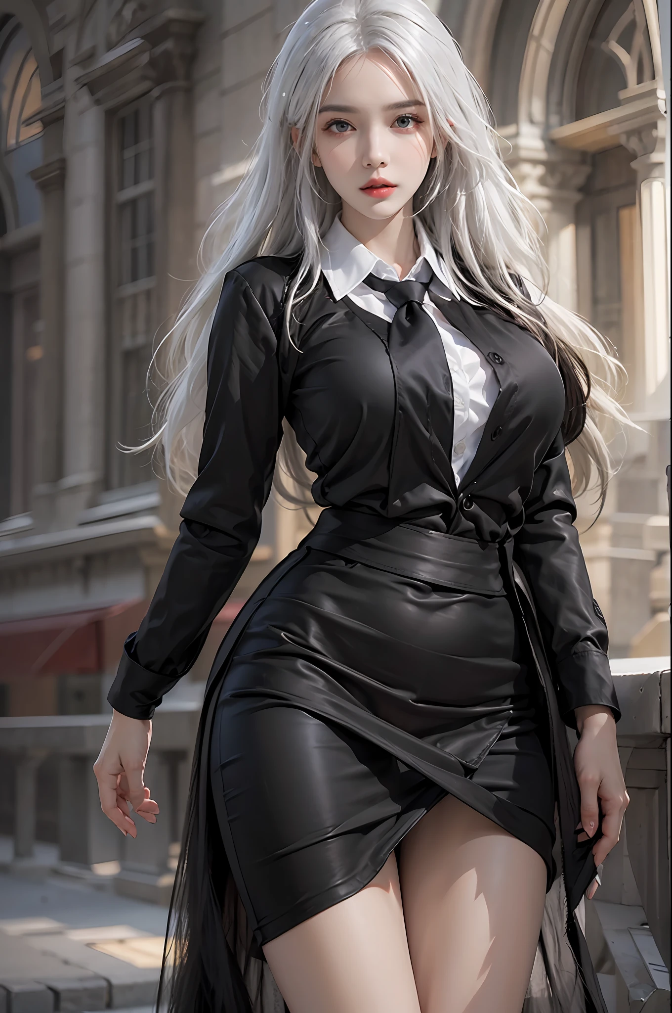 photorealistic, high resolution, 1 women, solo, hips up, beautiful eyes, detailed face, white hair, long hair, collared shirt, black necktie,black skirt, pencil skirt, fur coat, black stockings