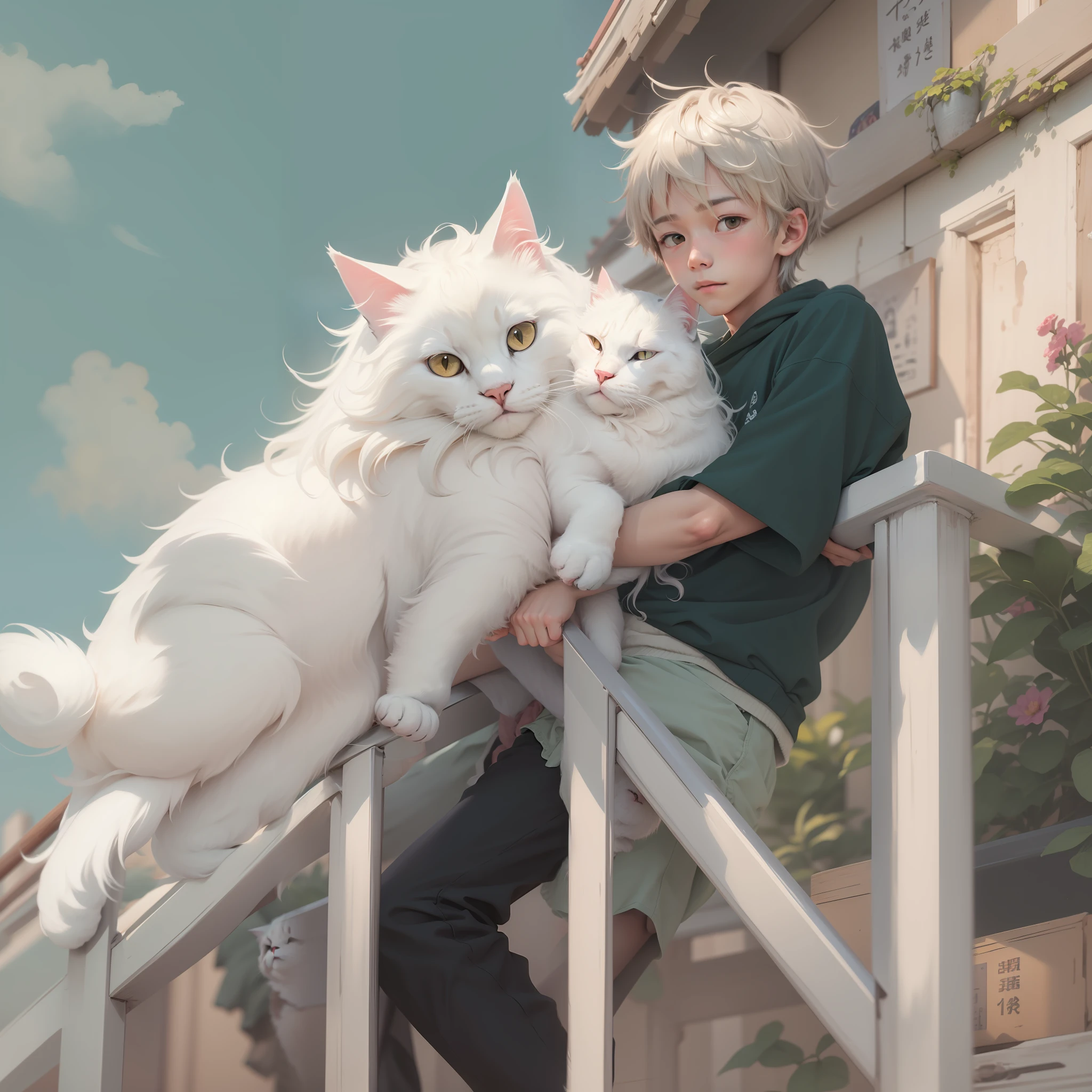 The mild-mannered ager holds a white long-haired cat,Lying on the railing,The boy occupies most of the frame,Relaxed expression。