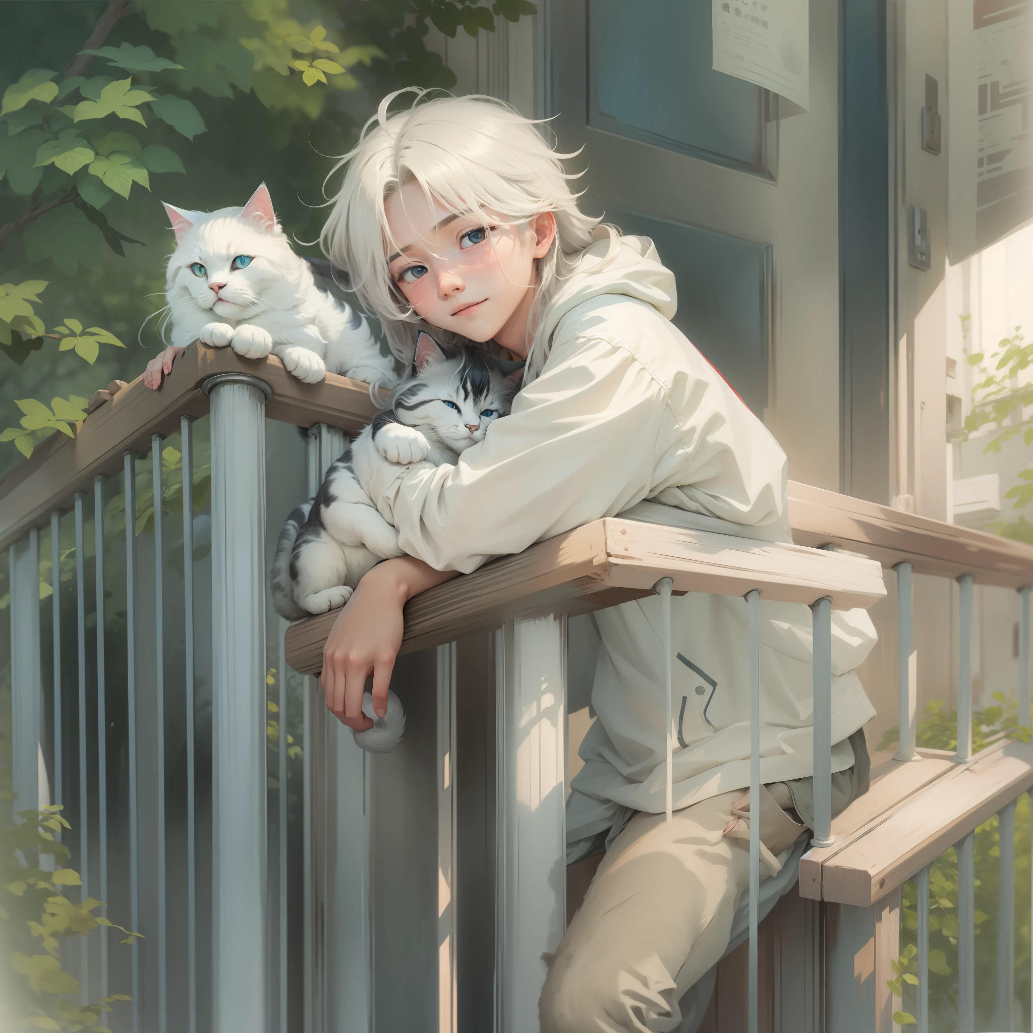 The mild-mannered teenager holds a white long-haired cat，Lying on the railing，The boy occupies most of the frame，Relaxed expression。