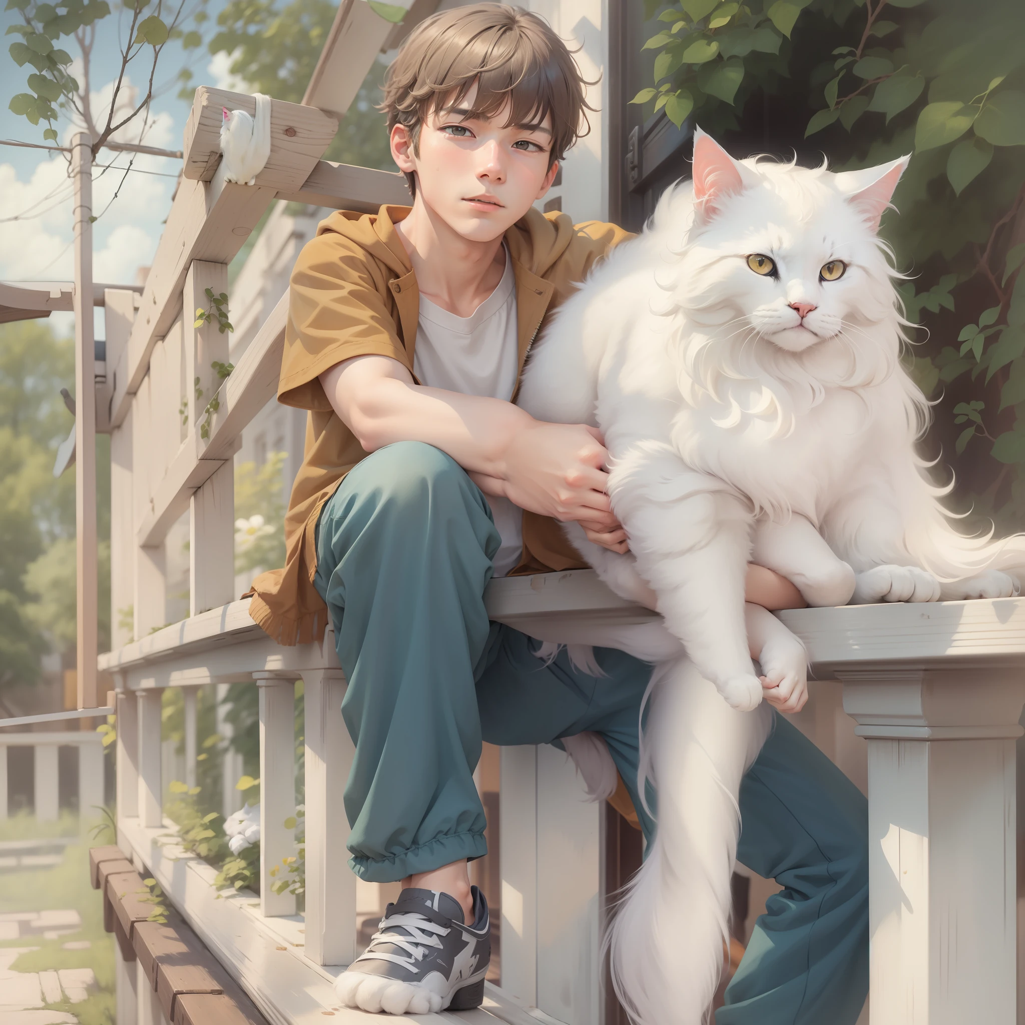 The mild-mannered ager holds a white long-haired cat,Lying on the railing,The boy occupies most of the frame,Relaxed expression。