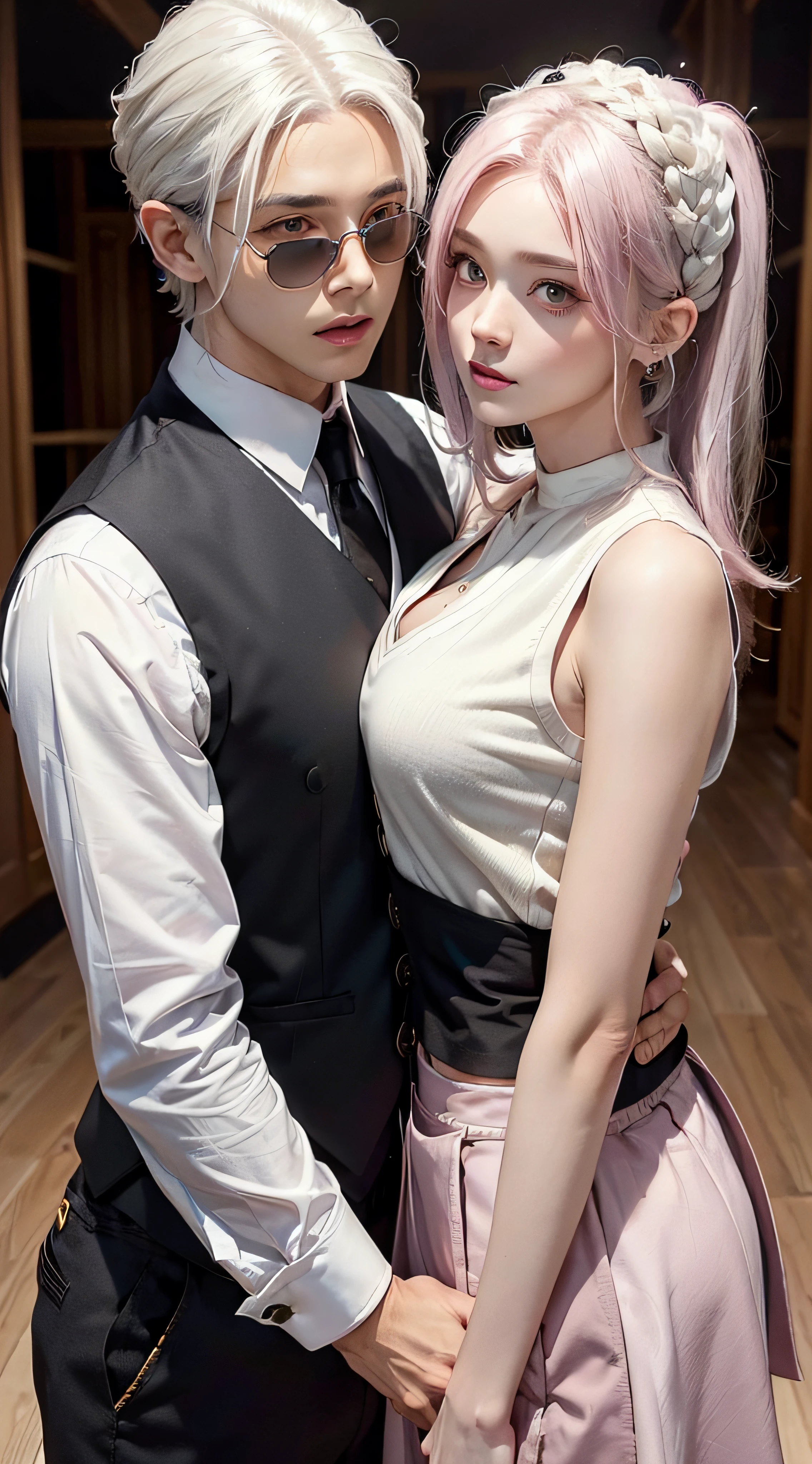 "(1boy wearing a black vest and brown trousers, with a handsome face and white hair, passionately embracing 1girl wearing a black vest and a lovely pink skirt, with a beautiful face and luscious yellow{white} hair.)"