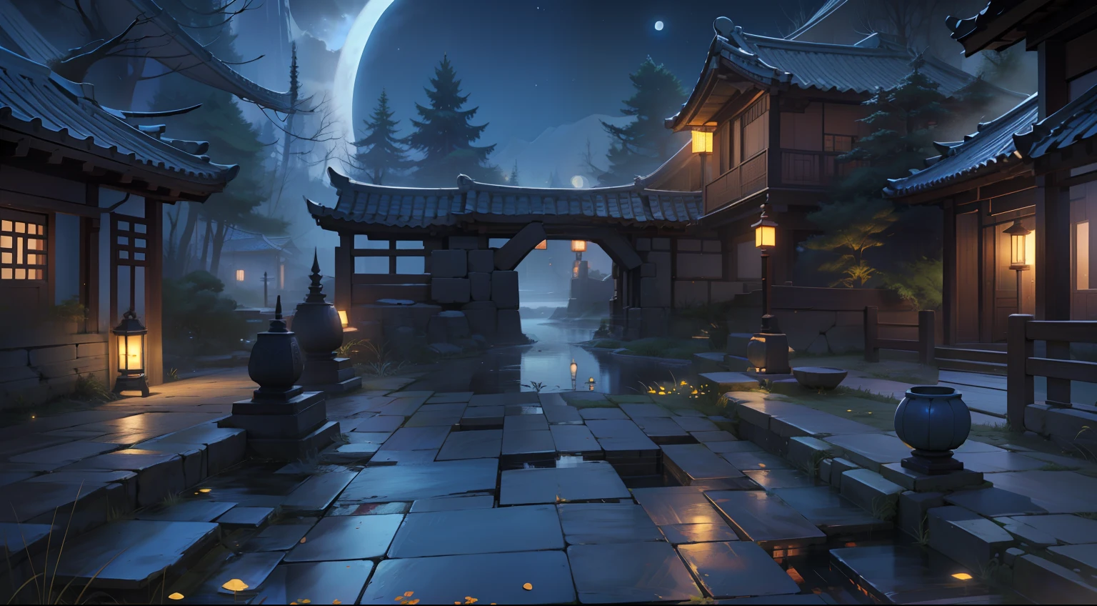 Manhwa Style,Two-dimensional painting style,Empty yard:1.5,natta,Dwarf trees,Bright moonlight,Warm yellow light,Ancient Chinese background,the night,themoon, Bluestone path,light particules,glowworm,the night:1.5,themoon,As estrelas,tmasterpiece, super detailing, Epic composition, hyper HD, high qulity, extremely detaile, offcial art, 统一 8k 壁纸, super detailing